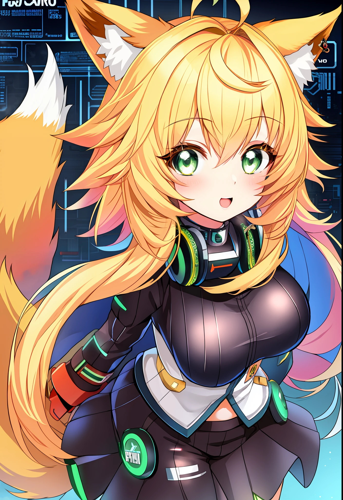 cute anime girl, fox ears, fox tail, blonde hair, (masterpiece, best quality), beautiful detailed eyes, green eyes, cyber punk outfit, celebrating, headphone