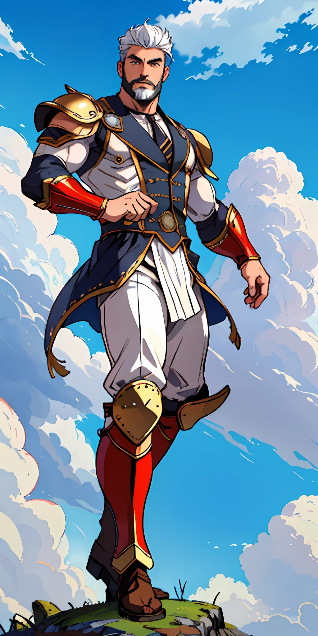 warrior man, white hair, stylish beard, dynamic pose, wearing a Victorian-era armor, ((background a sky full of clouds))