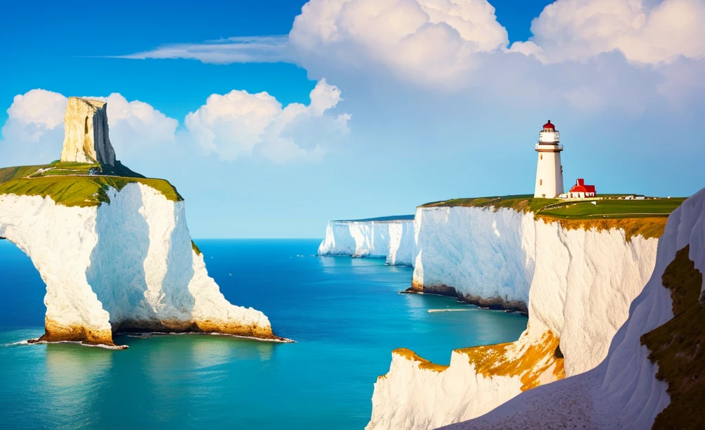 (masterpiece, best quality: 1.1), wide angle, seen from below, (white cliffs), mountains, blue sea, low tide, waves, rocky beach, trajectory, seagull, horizon, breeze, summer, morning, clear sky, clouds, calm, fresh air, sailboat, lighthouse, depth of field