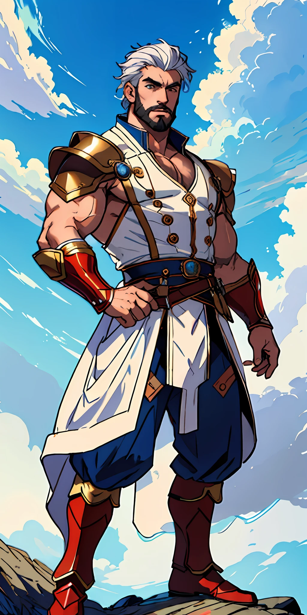 warrior man, white hair, stylish beard, dynamic pose, wearing a Victorian-era armor, ((background a sky full of clouds))
