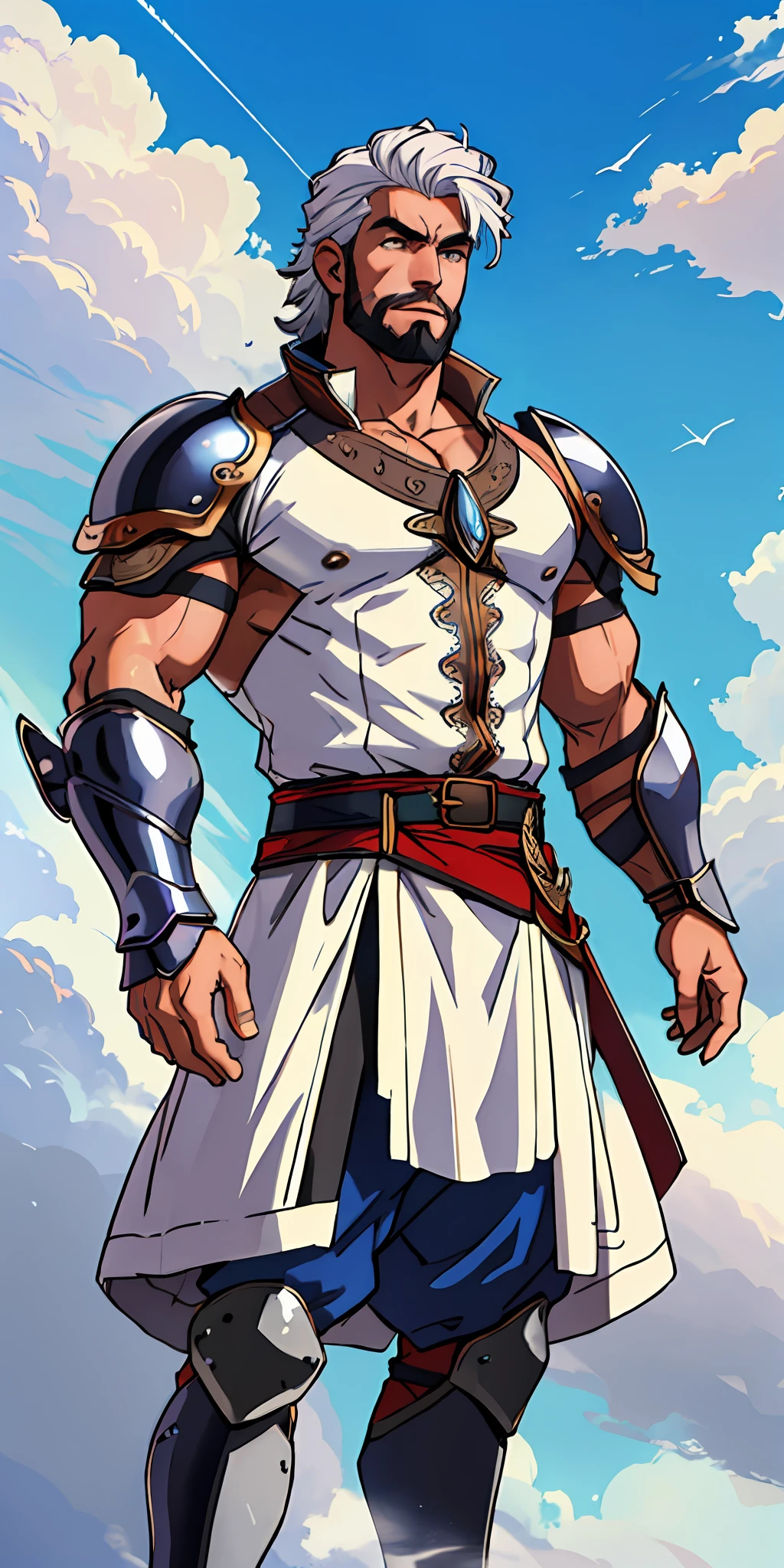 warrior man, white hair, stylish beard, dynamic pose, wearing a Victorian-era armor, ((background a sky full of clouds))