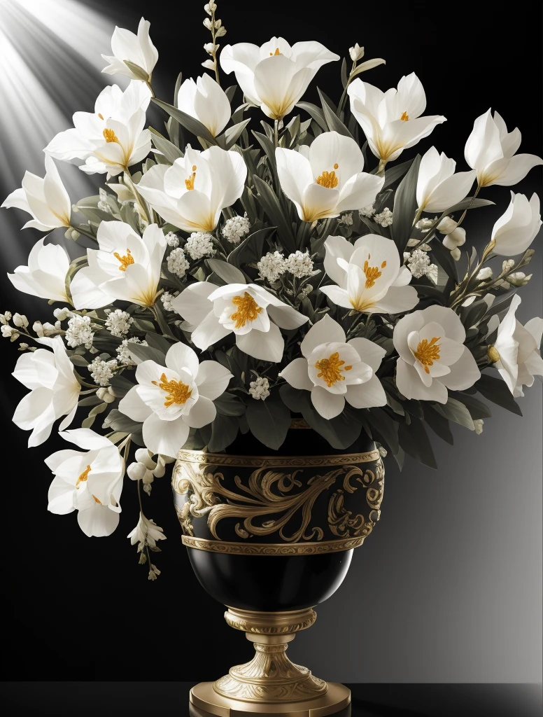 Still life with a baroque bouquet of paonies in vase, black background, highly detailed, sharp focus, professional, 4k, max detail, god rays, highres,high detail, sharp focus, smooth, aesthetic, extremely detailed, baroque, detailed facial features, hand model, petite, delicate, innocent, intricate details, spring flowers blooming,
