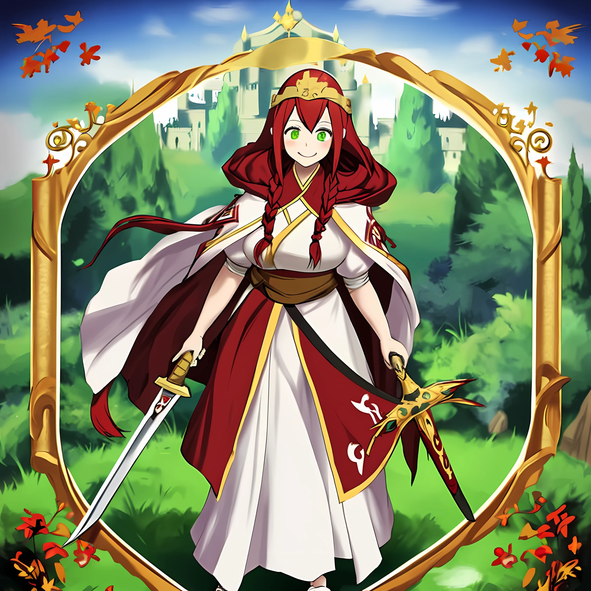 tsubaki yayoioi , blazblue, red hair, green eyes, long hair, tall female, warrior, sword, medieval, twin braids, priestess, holy, holy helmet, medium breasts, yellow cape, stylised helmet, light smile, full body, gold,european cloths, medieval , england, full body, christian, walking, solo focus, holding weapon