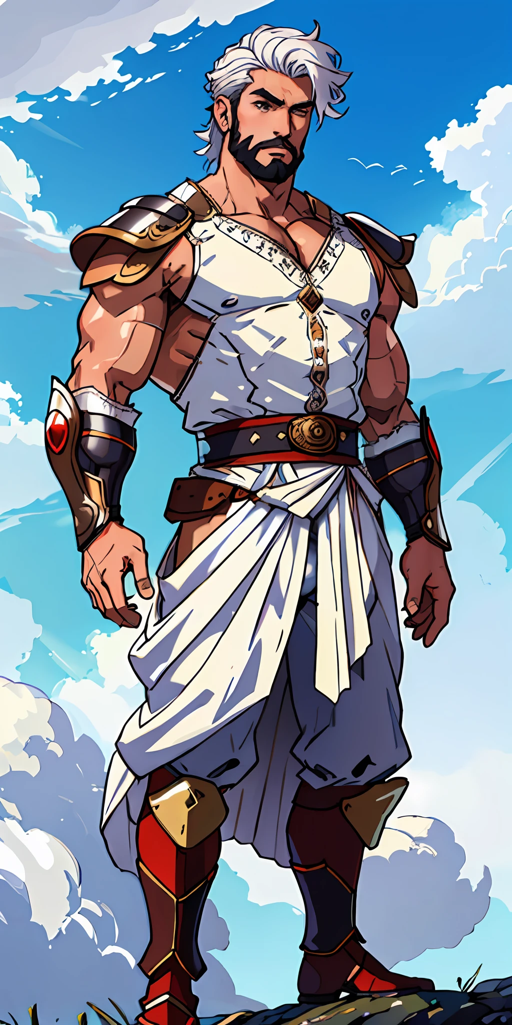 warrior man, white hair, stylish beard, dynamic pose, wearing a Victorian-era armor, ((background a sky full of clouds))