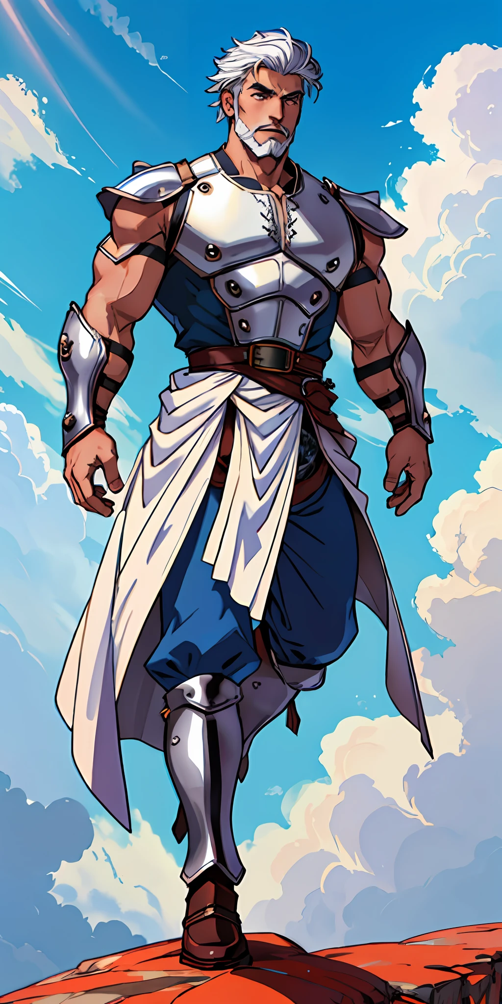 warrior man, white hair, stylish beard, dynamic pose, wearing a Victorian-era armor, ((background a sky full of clouds))