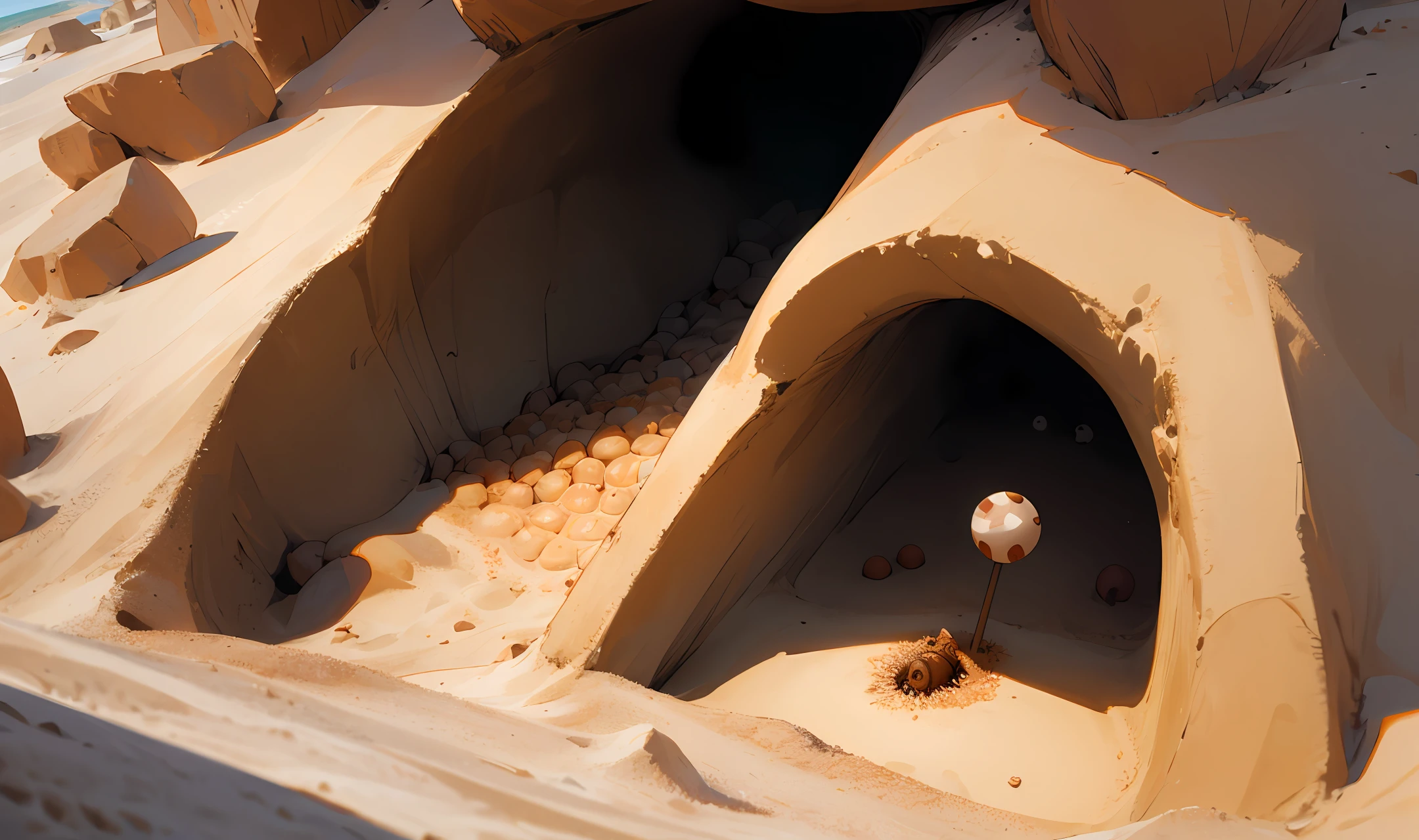 an anthill inside a guitarhole that is half-buried in sand, aesthetic, artistic, anime