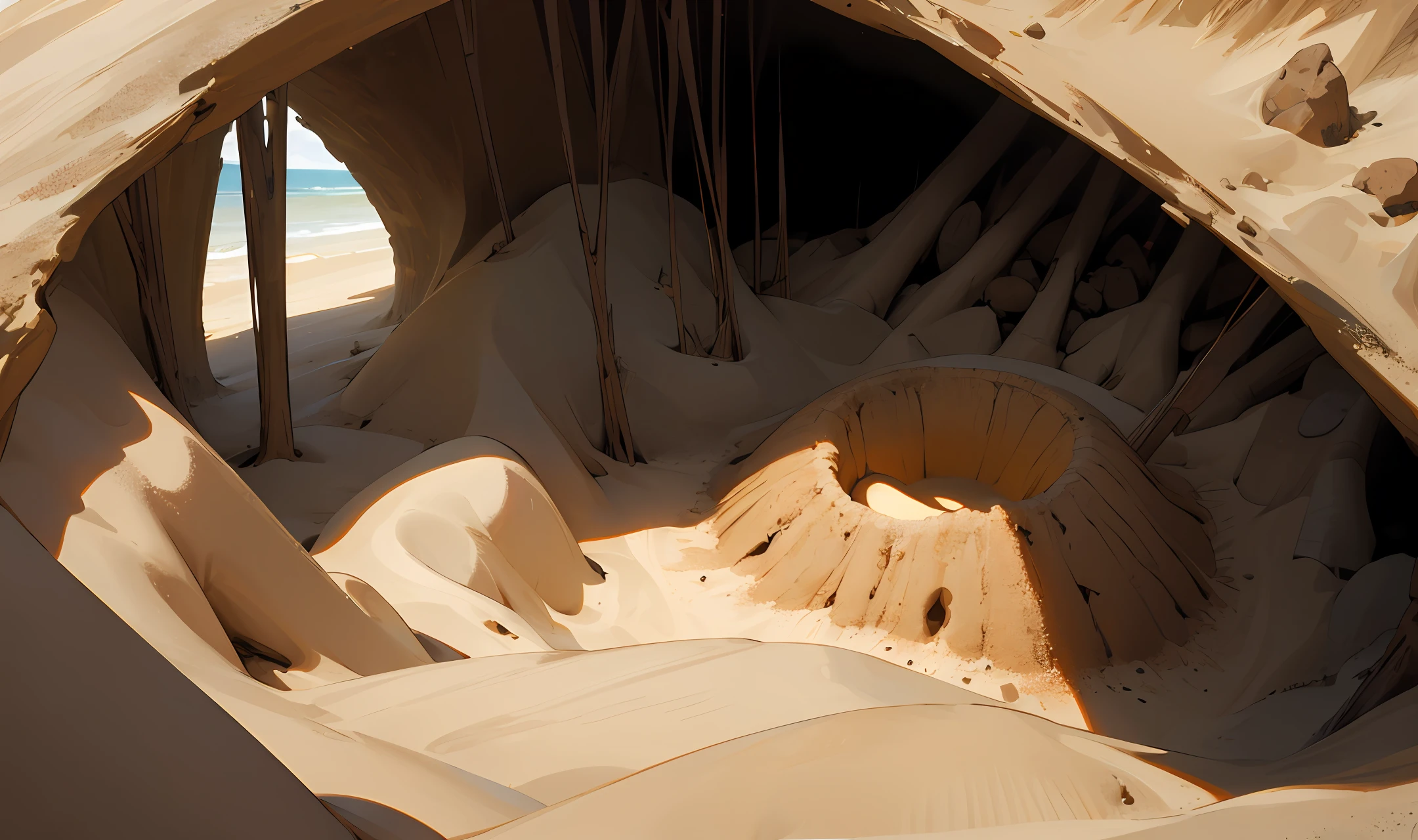 an anthill inside a guitarhole that is half-buried in sand, aesthetic, artistic, anime