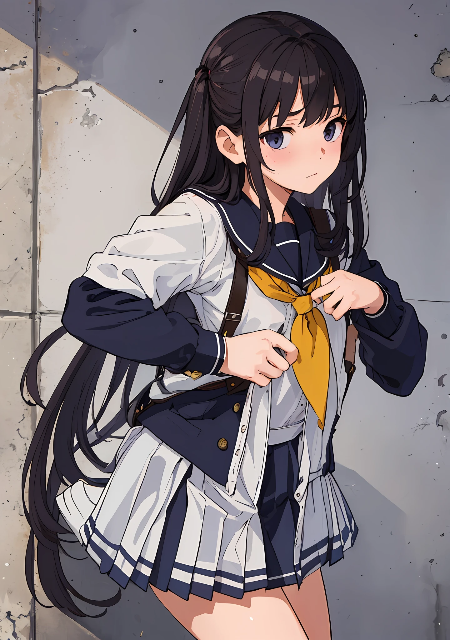 (A true masterpiece, of excellent quality).a girl with flat-chested in a tattered uniform, looking shy