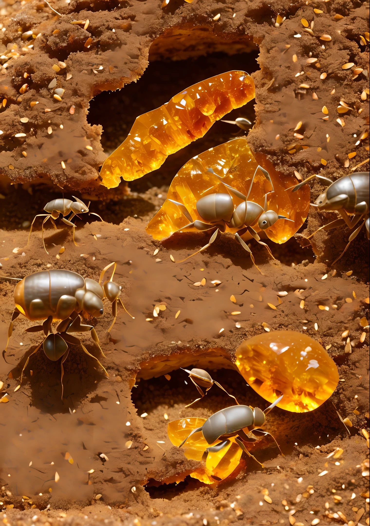 a anthill made beneath a piece of amber that has a giant prehistoric ant in it