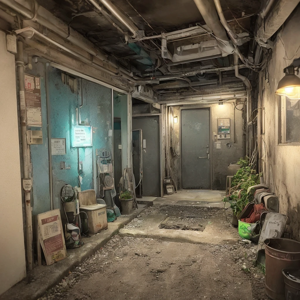 hyperrealistic and very detailed illustration of the entrance of a patio, point of view from the outside, image very loaded with objects, point of view from below, dirty cement stairs with cracks, green wastebasket, metal signs, seats, cables, pole, pastel blue telephone booth, rusty guardrails, pipes, pipes in the walls, electric meter, gray and dark walls, empty boxes, old papers on the floor, damaged wall paint, some garbage on the floor, metal and rusty scrap, machine parts (rusty, brown), very detailed advertisements on the neon wall, spotlight lights (very radiant blue light), artificial and sterile environment, very dark night, fog and somewhat dense smoke, very dark landscape shadows, red and green neon lights, night, some snow all over the landscape, humidity, puddles of water reflecting the dim ambient light
