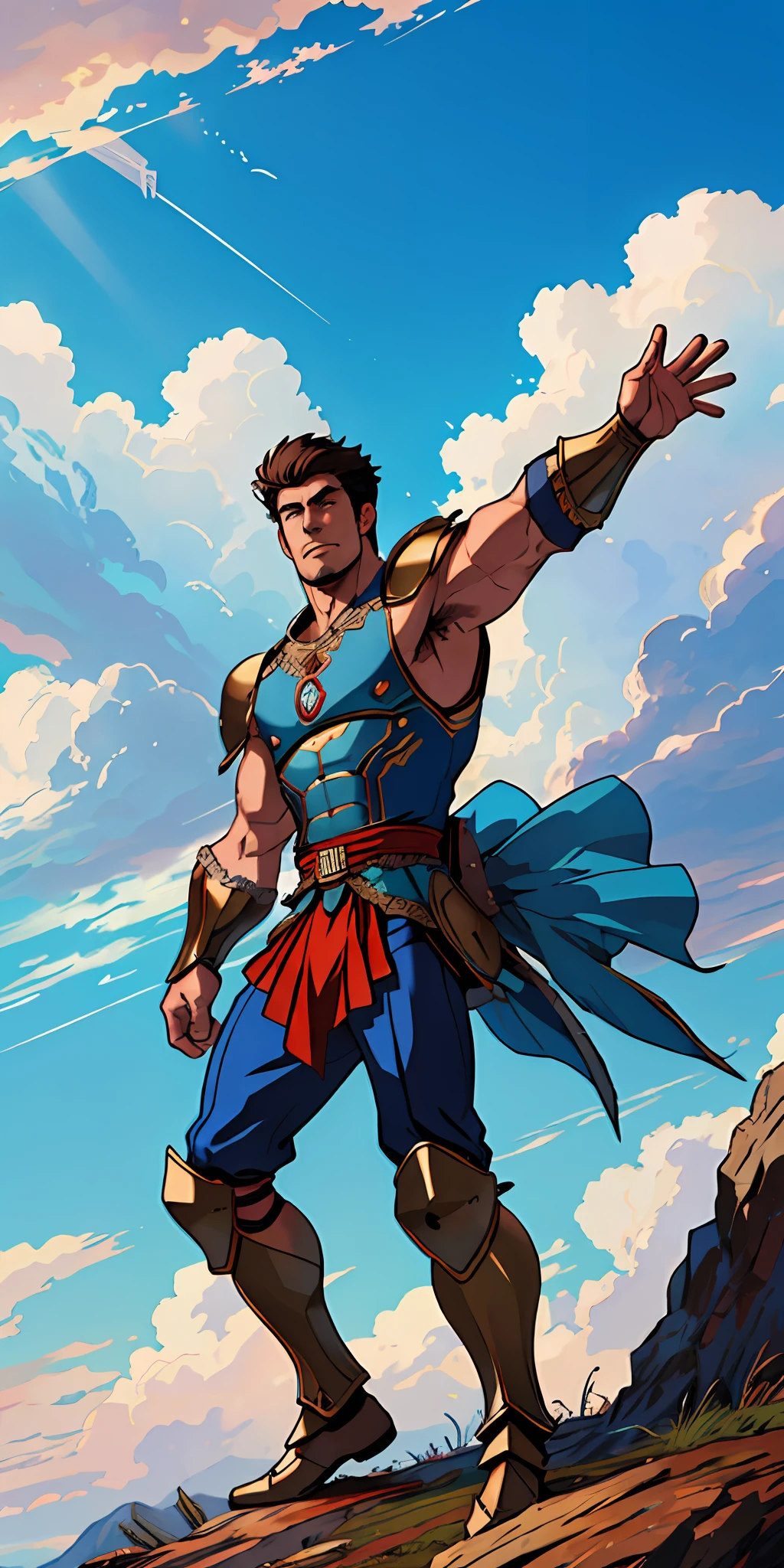 warrior man, dynamic pose, wearing a Victorian-era armor, ((background a sky full of clouds))