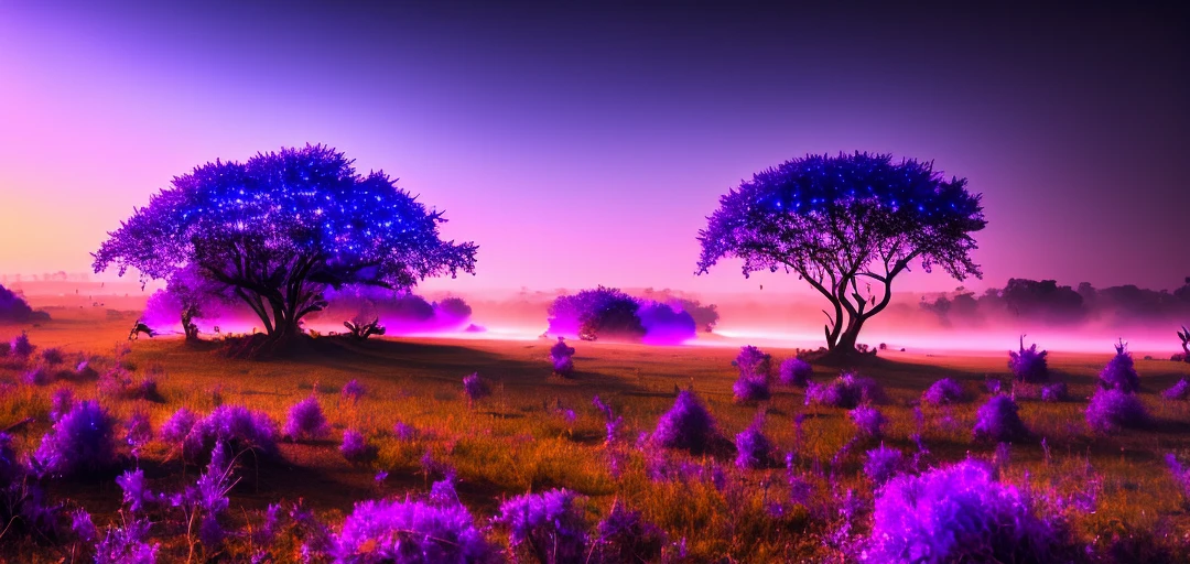 anthill bathed in purple lights and fog