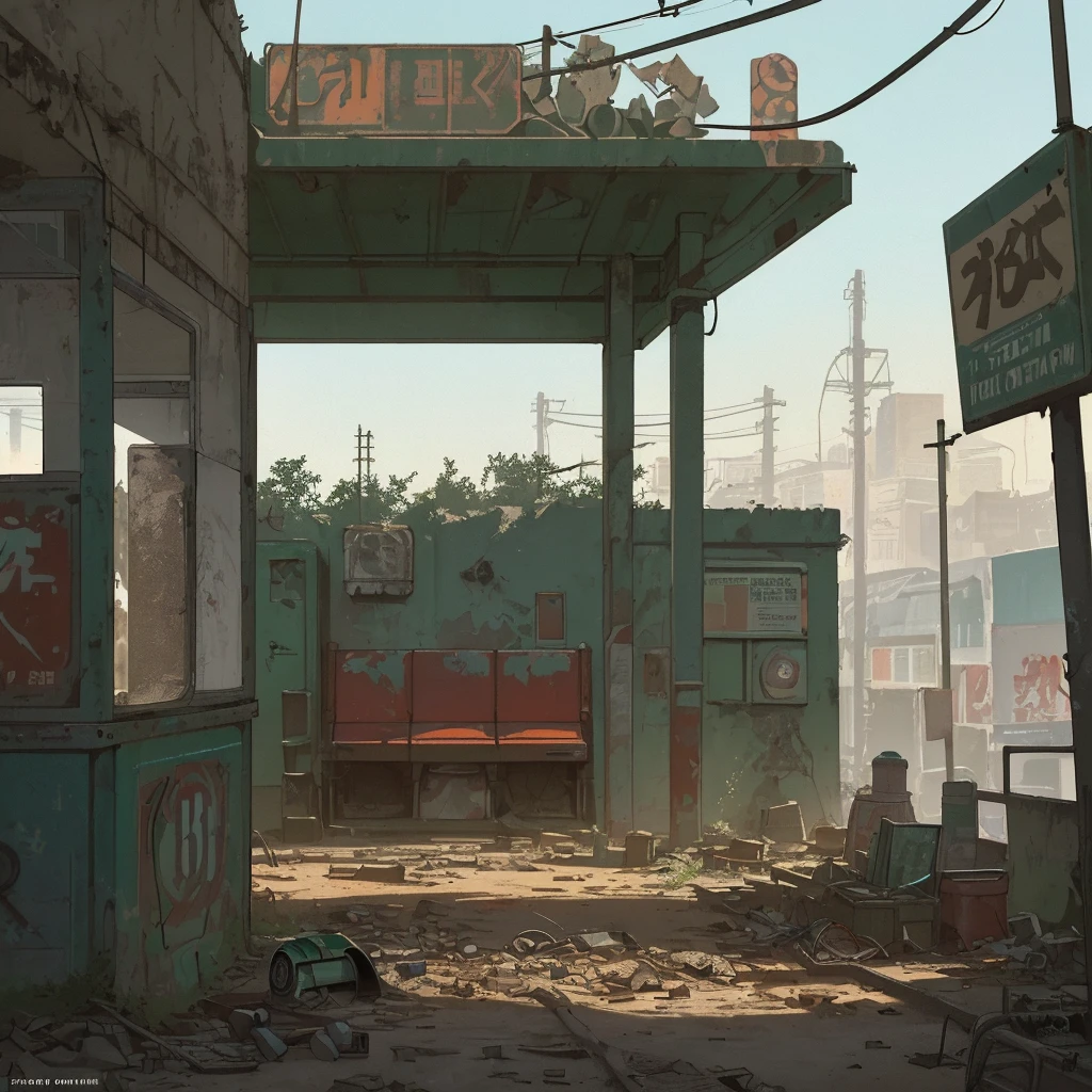 hyperrealistic and very detailed illustration of an abandoned square, point of view from the outside, image very loaded with objects, point of view from below, dirty and cracked concrete stairs, green wastebasket, metal signs, seats, cables, pole, pastel blue telephone booth, rusty guardrails, white and pastel yellow walls, pallet, empty boxes, damaged wall paint,  some garbage on the ground, metal and rusty scrap, damaged vehicle parts, very detailed advertisements on the neon wall, spotlight lights (very radiant), artificial and sterile environment, bright day, very dark landscape shadows, red and green neon lights, soil with a lot of desert sand littering the whole landscape, very sharp details and high contrast