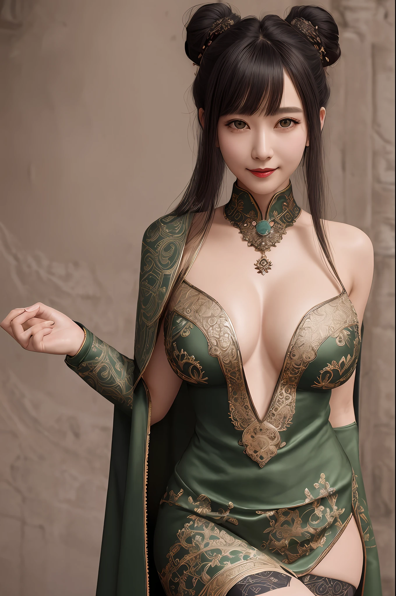 detailed skin texture, detailed cloth texture, beautifully detailed face, masterpiece, best quality, ultra detailed, 8k, intricate details, best quality, 1girl, bangs, bare_shoulders, black_hair, ancient china background, big breasts, thin, cape, cleavage, collarbone, green dress with patterns, gloves, hair_bun, hair_ornament, hair_stick, jewelry, one mole under eye, necklace, smile, solo, thighhighs, (hiqcgbody:0.5), (hiqcgface:0.5), full-body shot,