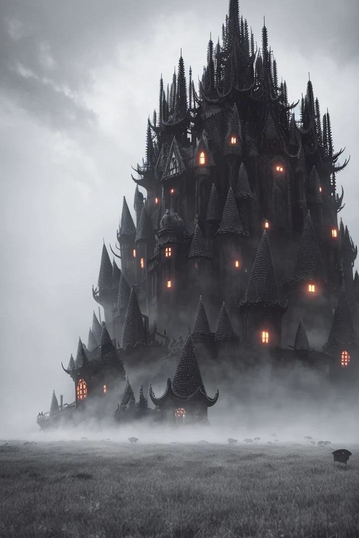 a dark scary gothic anthill surrounded in fog