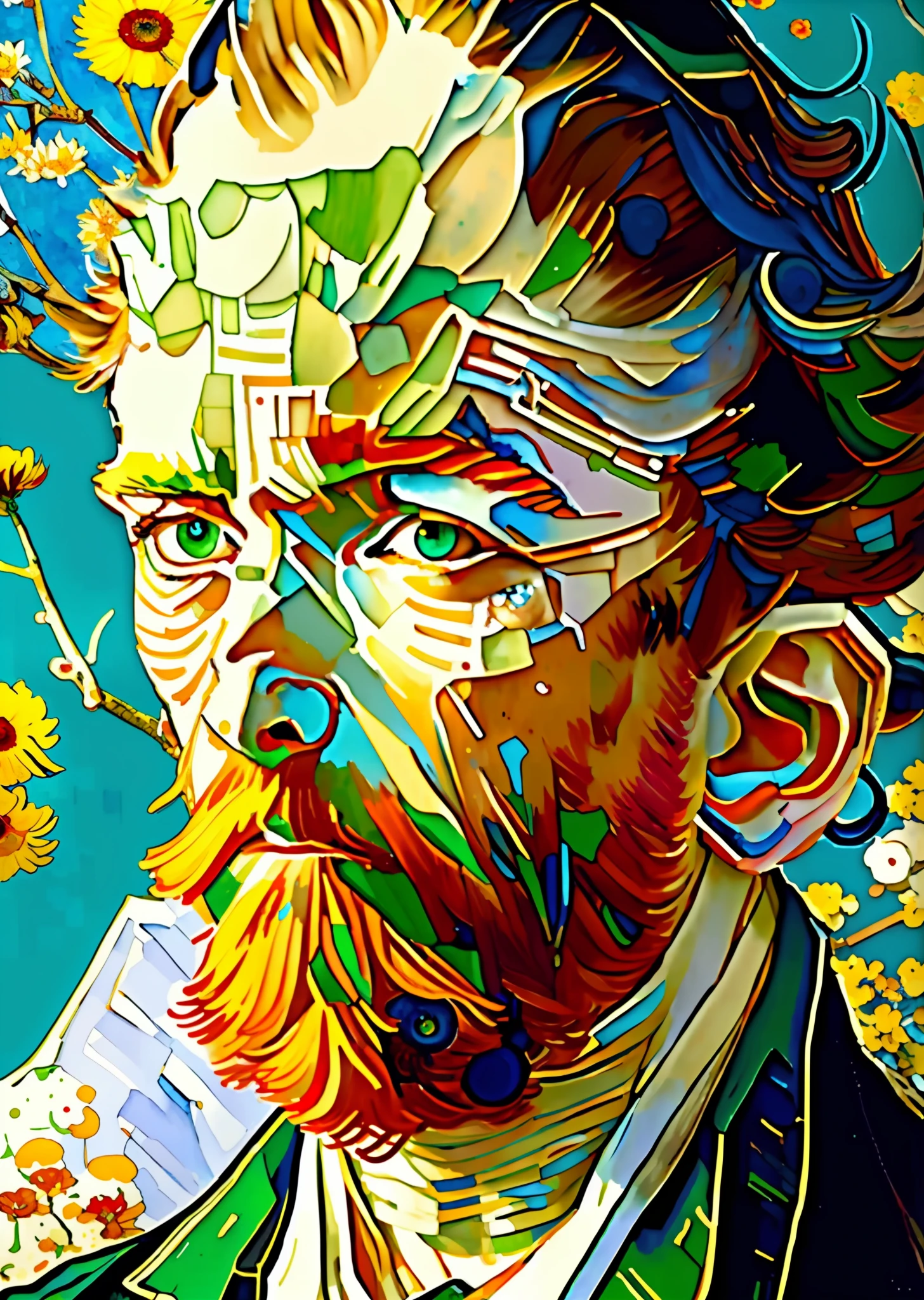 wtrcolor style, Digital art of (Vincent van Gogh) official art, frontal, smiling, masterpiece, Beautiful, watercolor, face paint, paint splatter, intricate details.