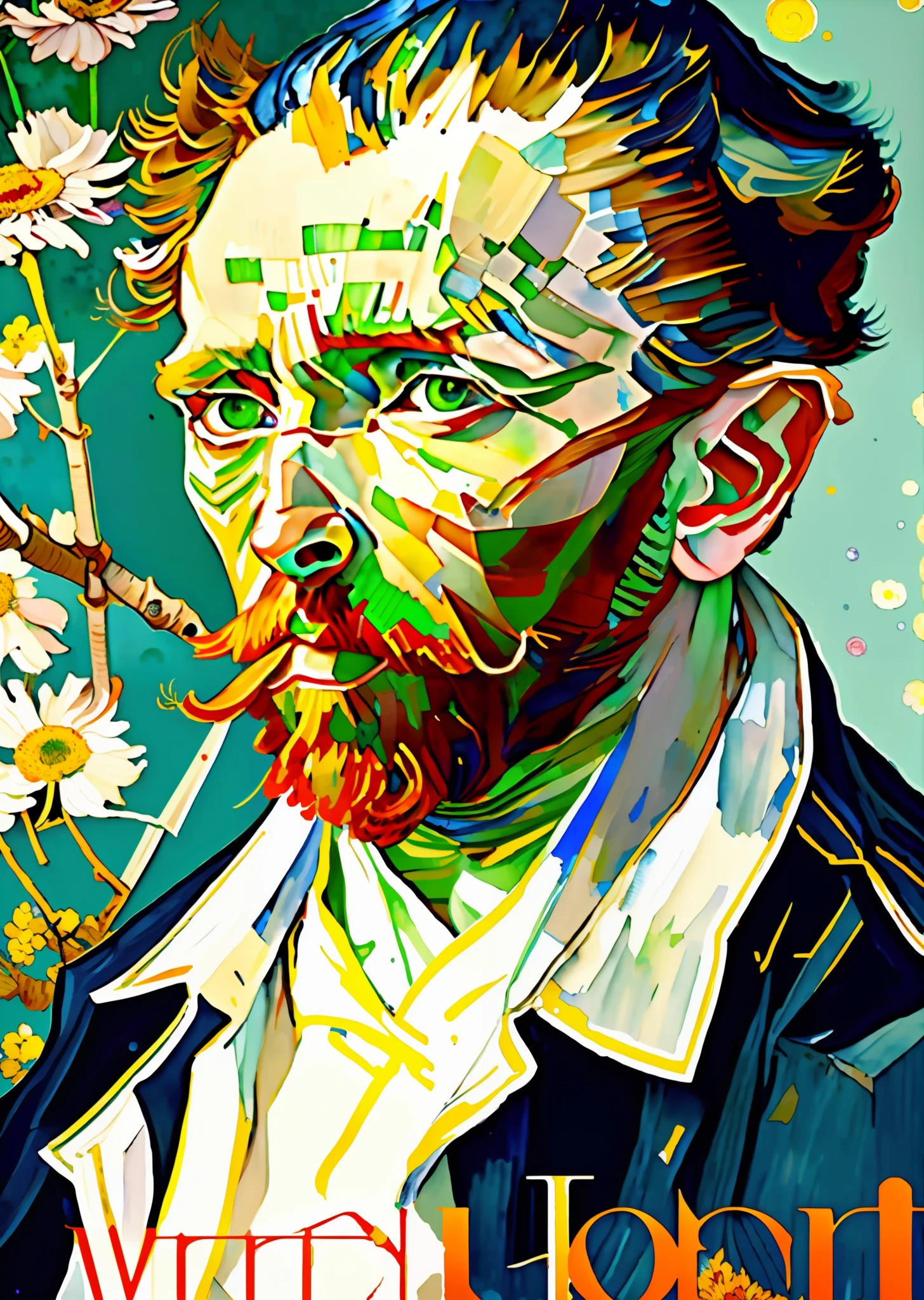 wtrcolor style, Digital art of (Vincent van Gogh) official art, frontal, smiling, masterpiece, Beautiful, watercolor, face paint, paint splatter, intricate details.