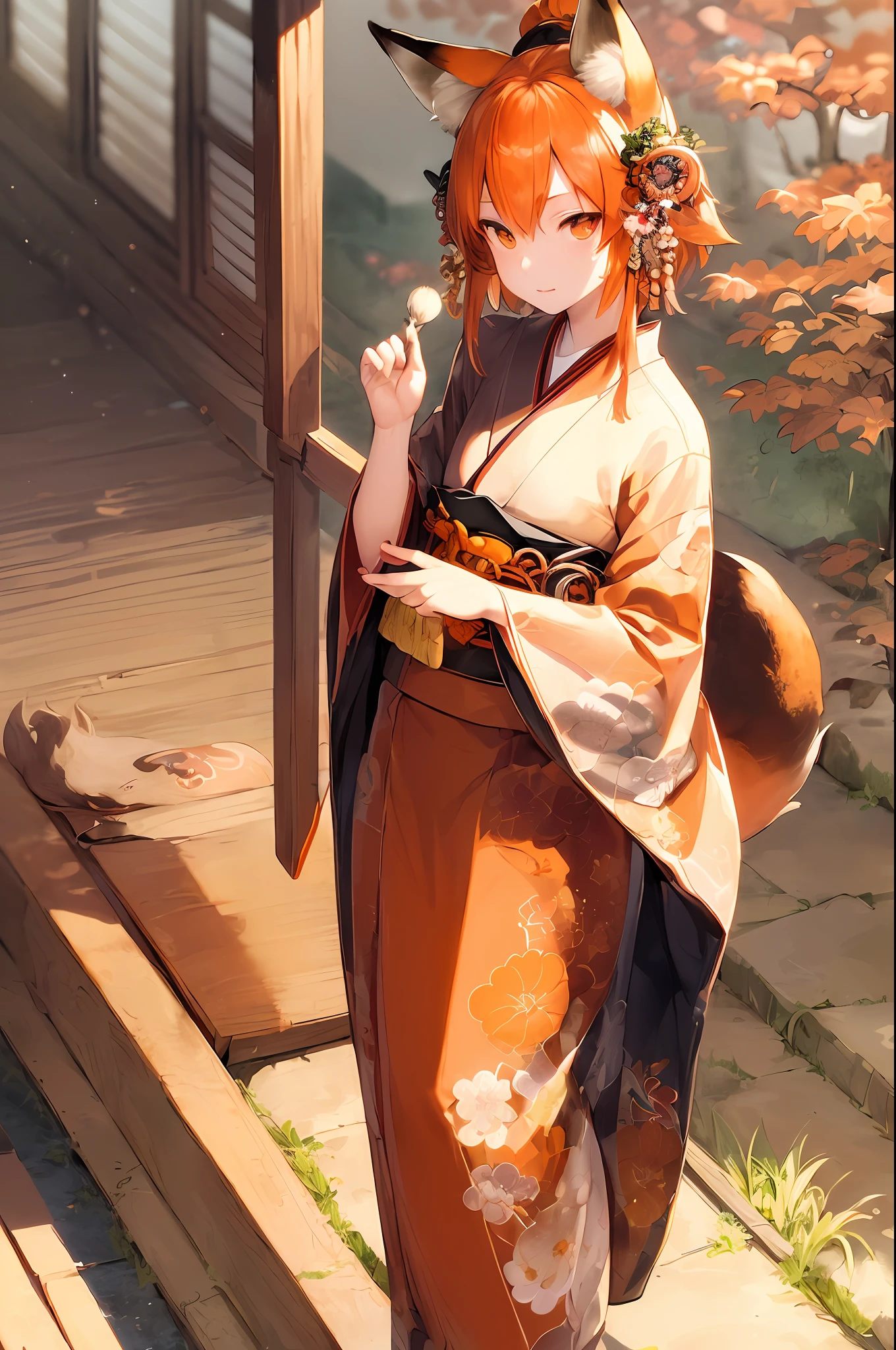 (Excellent), (Super detailed), (Best Illustration), (Masterpiece), Immortal, Beast Ear, Fox Ear, Fox Girl, Fox Tail, Hair Flowers, Hair Accessories, Orange Eyes, Orange Hair, Short Hair, Tail, Flat Chest, Kimono, Miko, Japanese Costume, Japanese Shrine, SFW