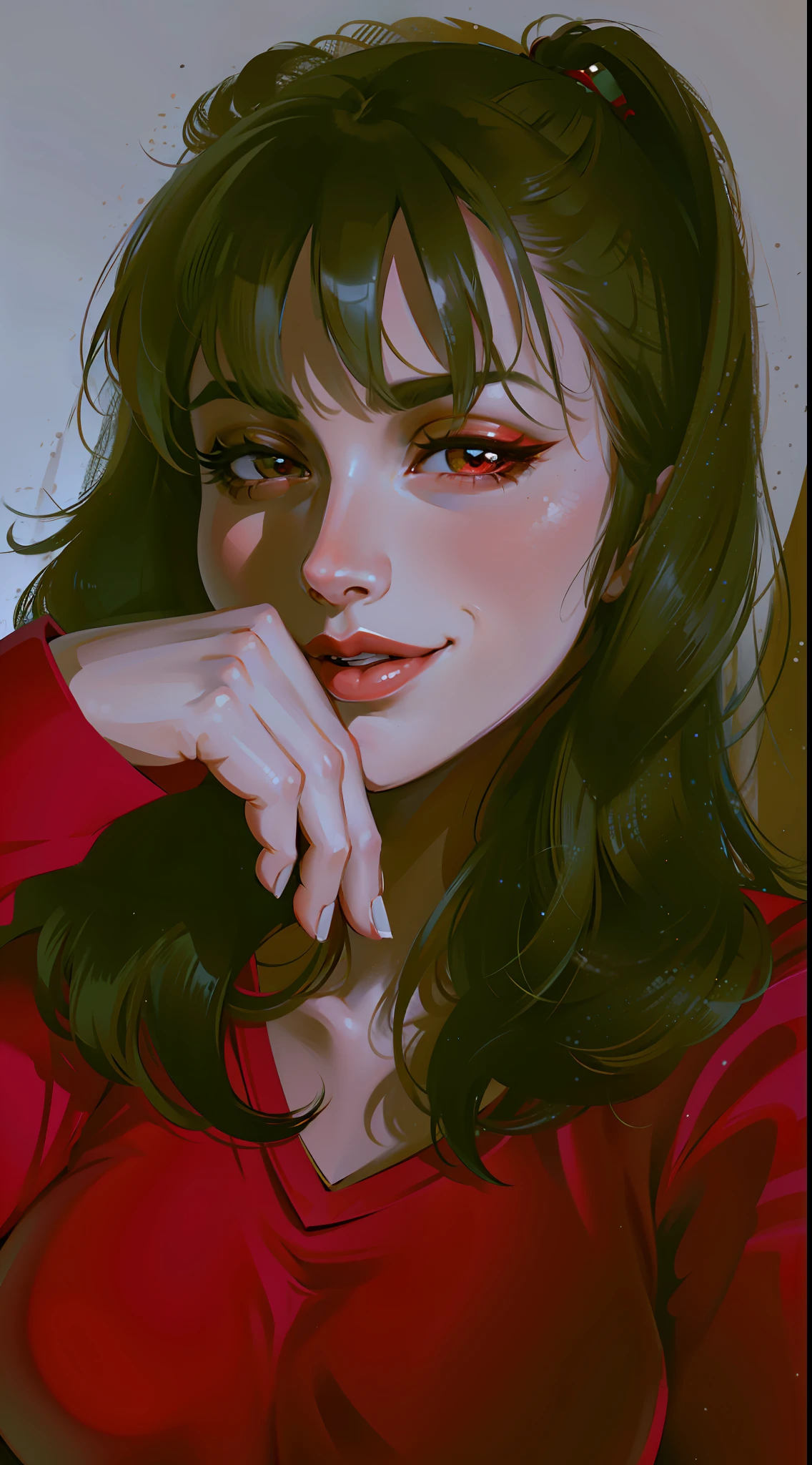 (masterpiece),(best quality:1.0), (ultra highres:1.0), detailed illustration, 8k, anime, 1girl, beautiful anime girl, wearing a red top, pretty face, detailed face, beautiful eyes, detailed eyes, dark red eyes, bright red lips, red lipstick, smiling, beautiful stylish hair, highlights in hair, bangs anime style, best quality, vibrant