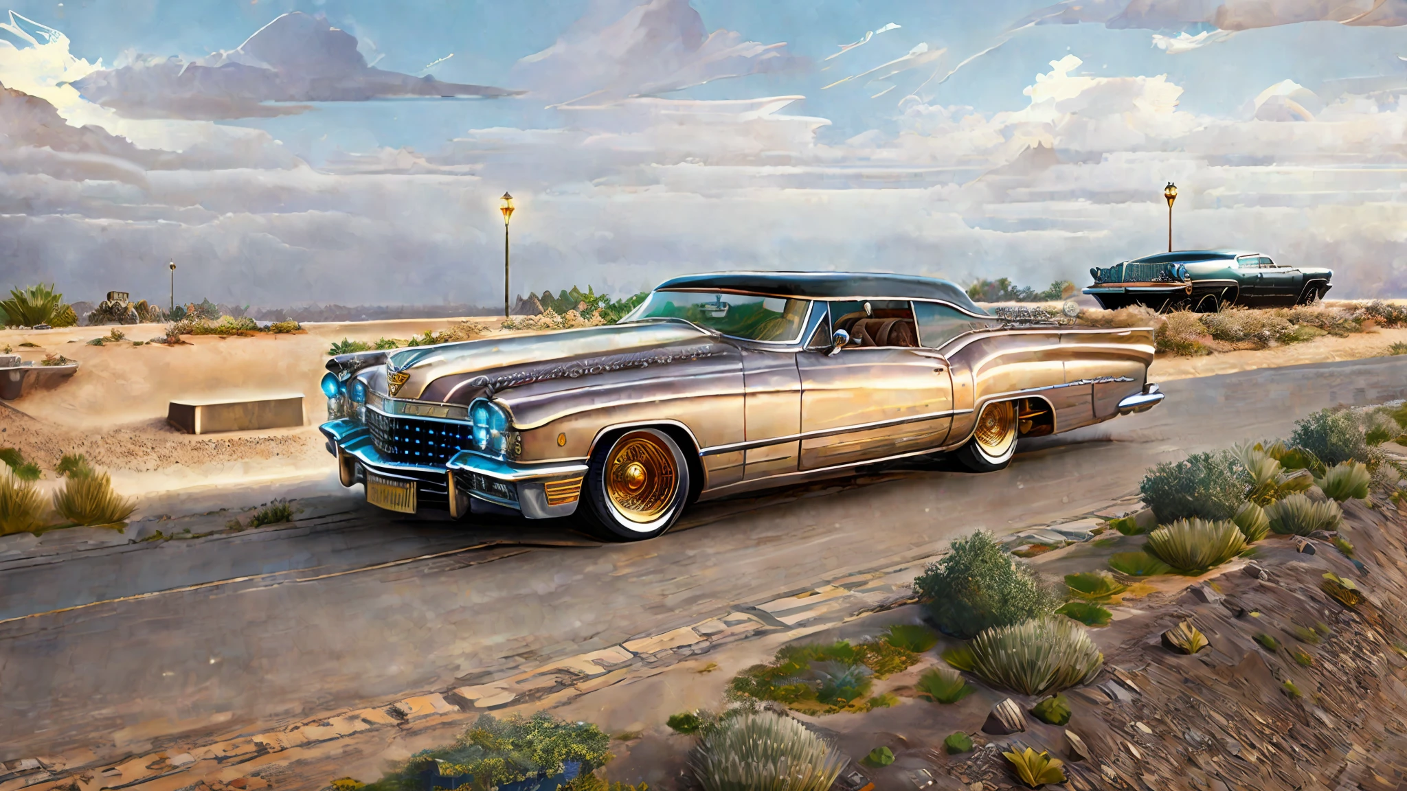 Cadillac El Dorado de style Badass Steampunk dans une vieille rue pave, trending on artstation, sharp focus, studio photo, intricate details, highly detailed, by greg rutkowski