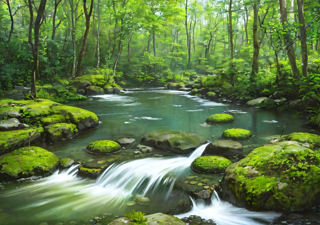 (Best quality, highest definition), (no characters), in the dense forest, there are frogs, ponds wandering, blooming wildflowers forming colorful colors, streams flowing lightly, stones piled up at will, moss.