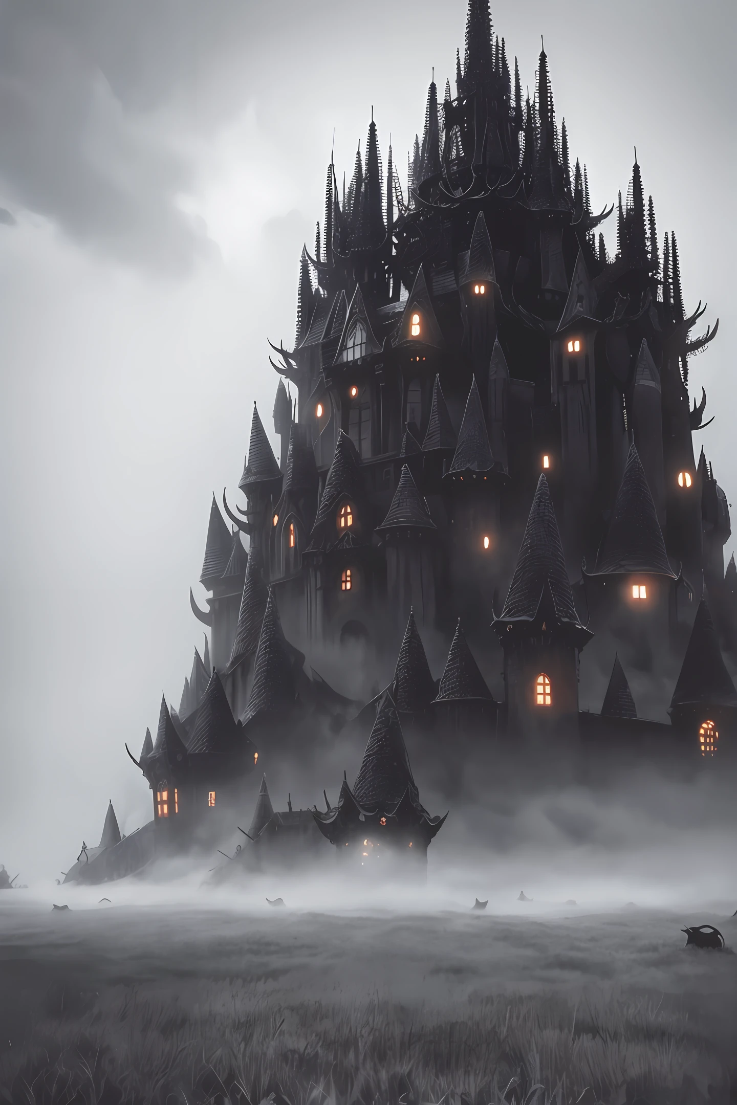 a dark scary gothic anthill surrounded in fog