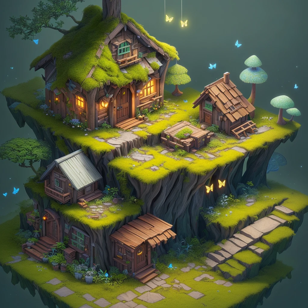 Triangle tiny building butterfly best quality, (extremely detailed CG unity 8k wallpaper), (best quality), (best illustration), (best shadow), A mushroom house covered with moss,firefly,wtarlight surrounds the room,petal, isometric 3D, octane render,ray tracing,ultra detailed,