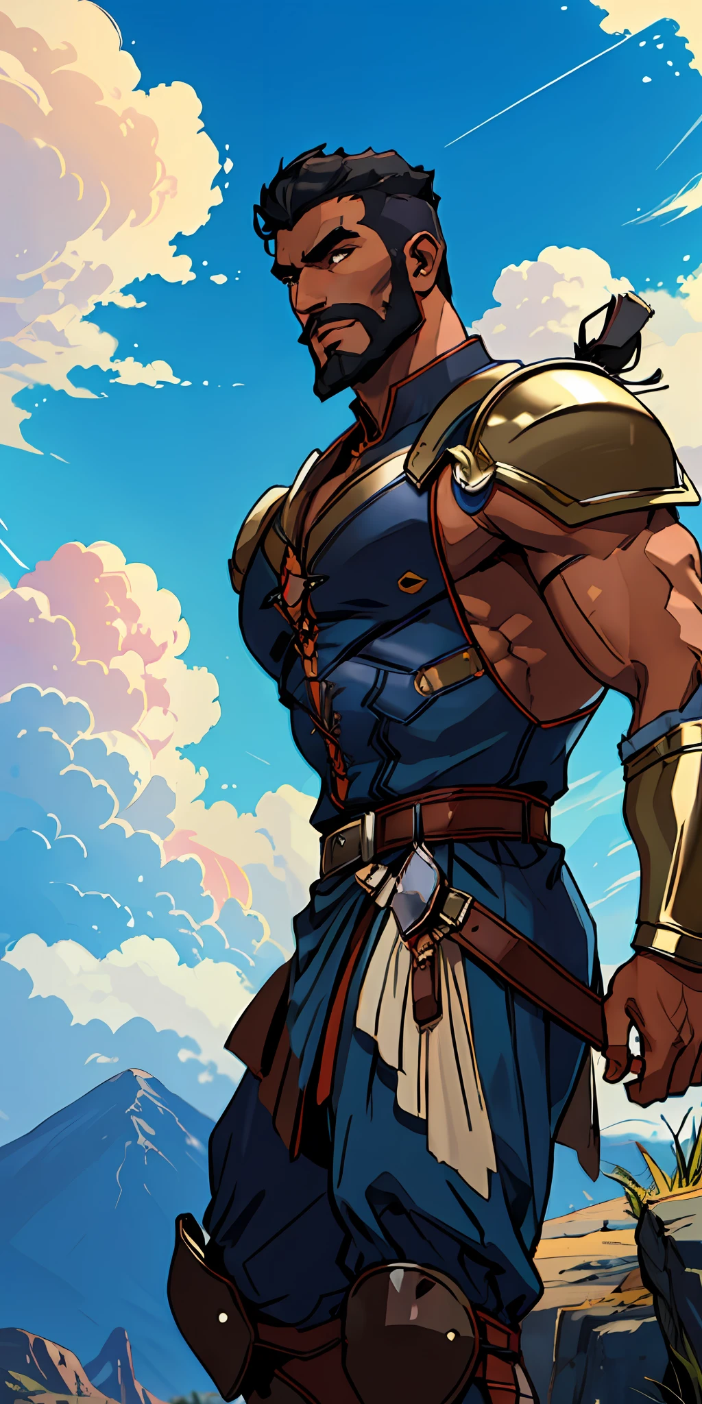 black skinned warrior man, short hair shaved on the side, stylish beard, dynamic pose, wearing Victorian era armor, ((background: a sky full of clouds))