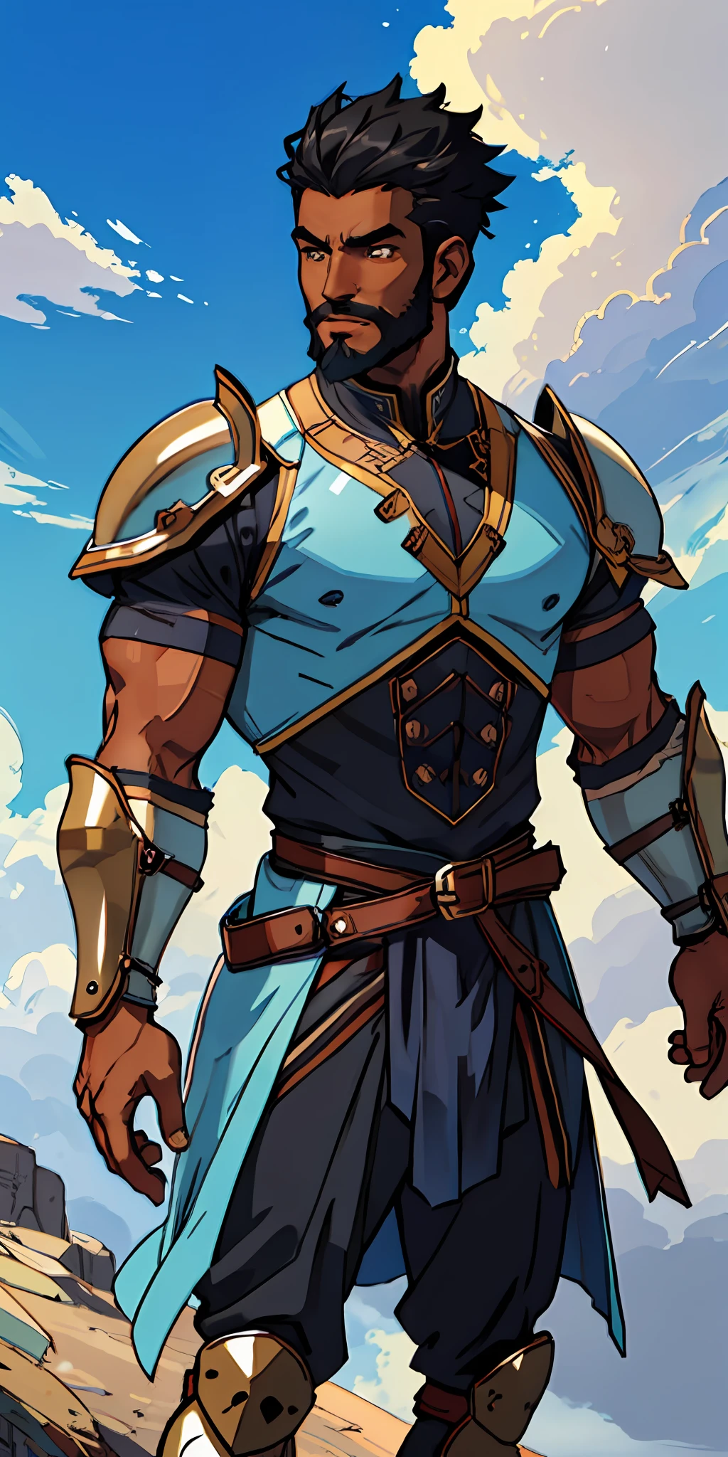 black skinned warrior man, short hair shaved on the side, stylish beard, dynamic pose, wearing Victorian era armor, ((background: a sky full of clouds))