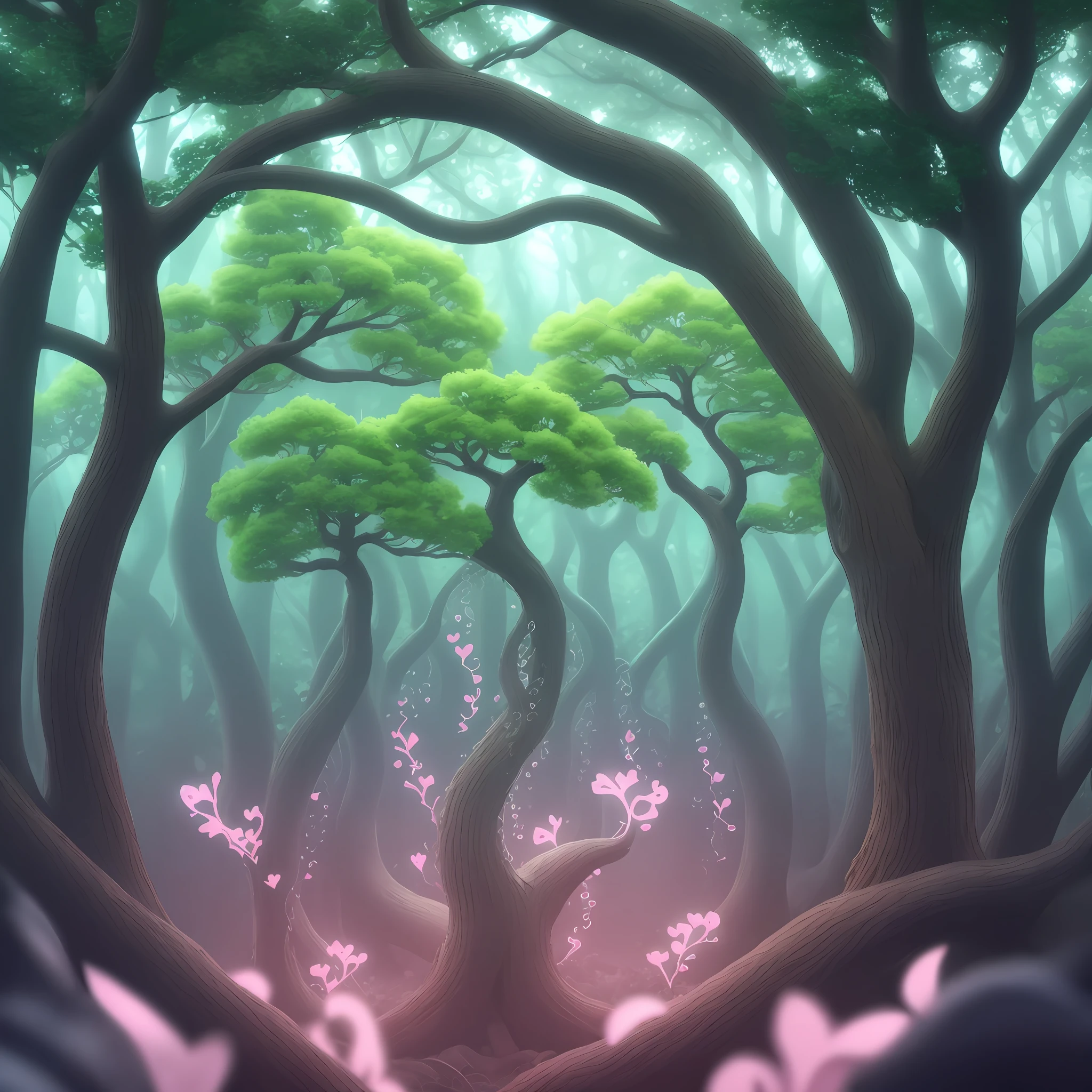Tentacle-shaped tree branches with hearts, HD, 4k, hyper realistic