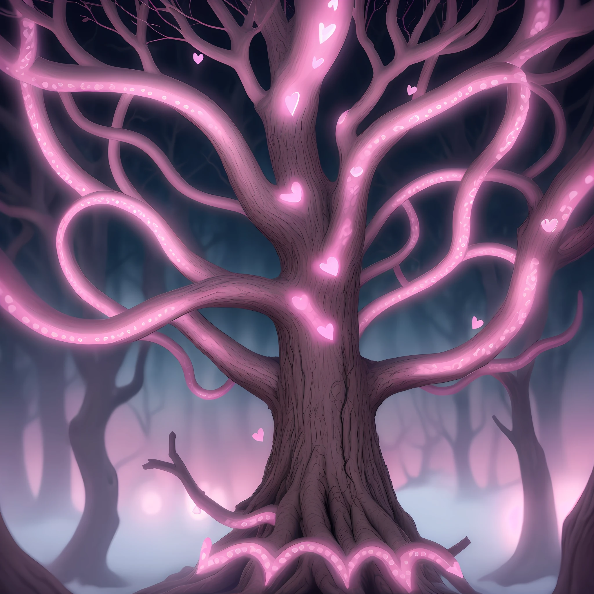 Tentacle-shaped tree branches with hearts, HD, 4k, hyper realistic