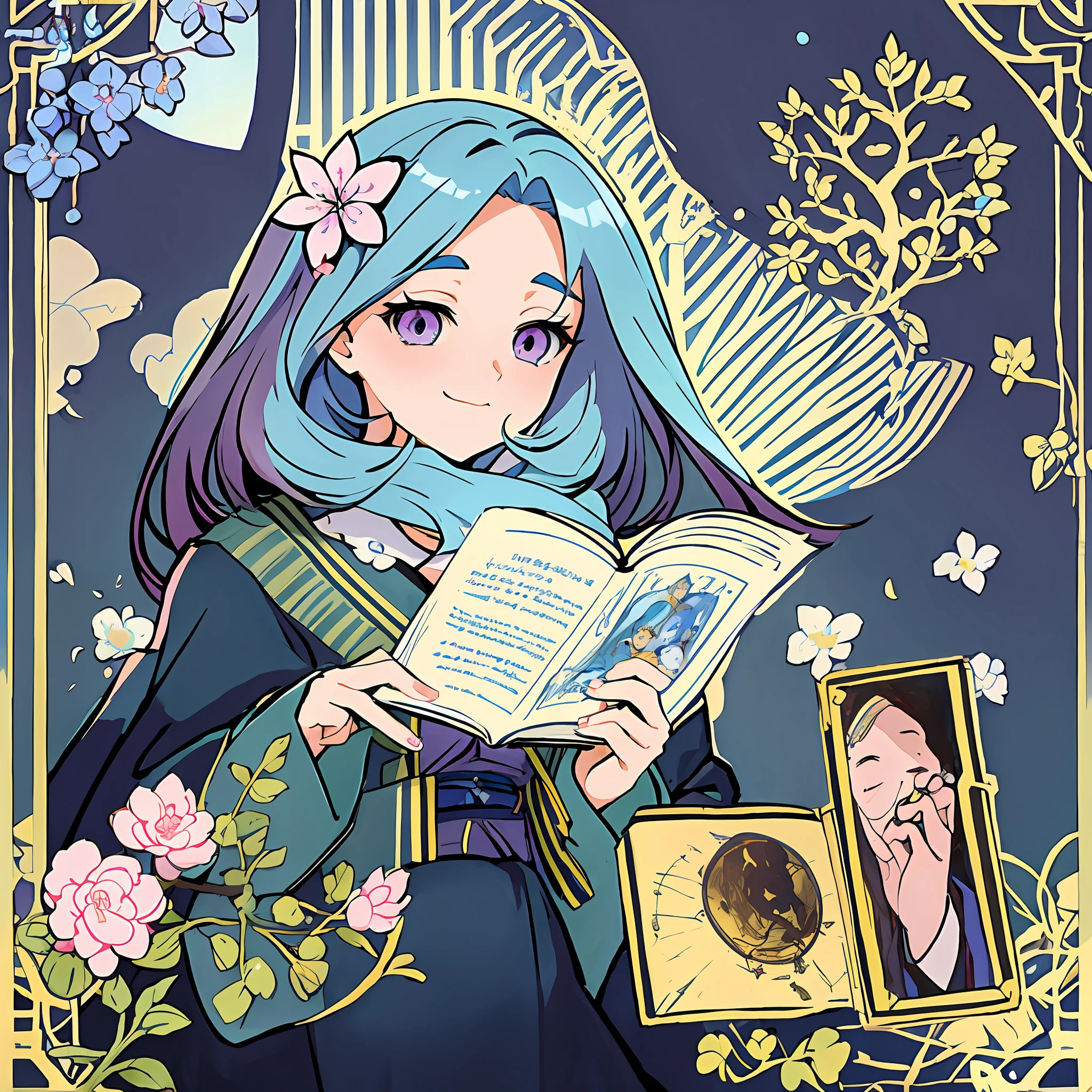 anime girl with blue hair holding a book and a picture of a cat, official artwork, high detailed official artwork, digital anime illustration, official art, anime cover, detailed fanart, anime visual of a cute girl, infinite celestial library, alchemist girl, marin kitagawa fanart, anime style illustration, anime visual of a young woman, artbook artwork, anime illustration