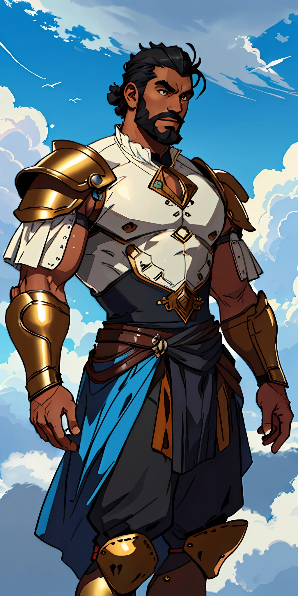 black skinned warrior man, short hair shaved on the side, stylish beard, dynamic pose, wearing Victorian era armor, ((background: a sky full of clouds))