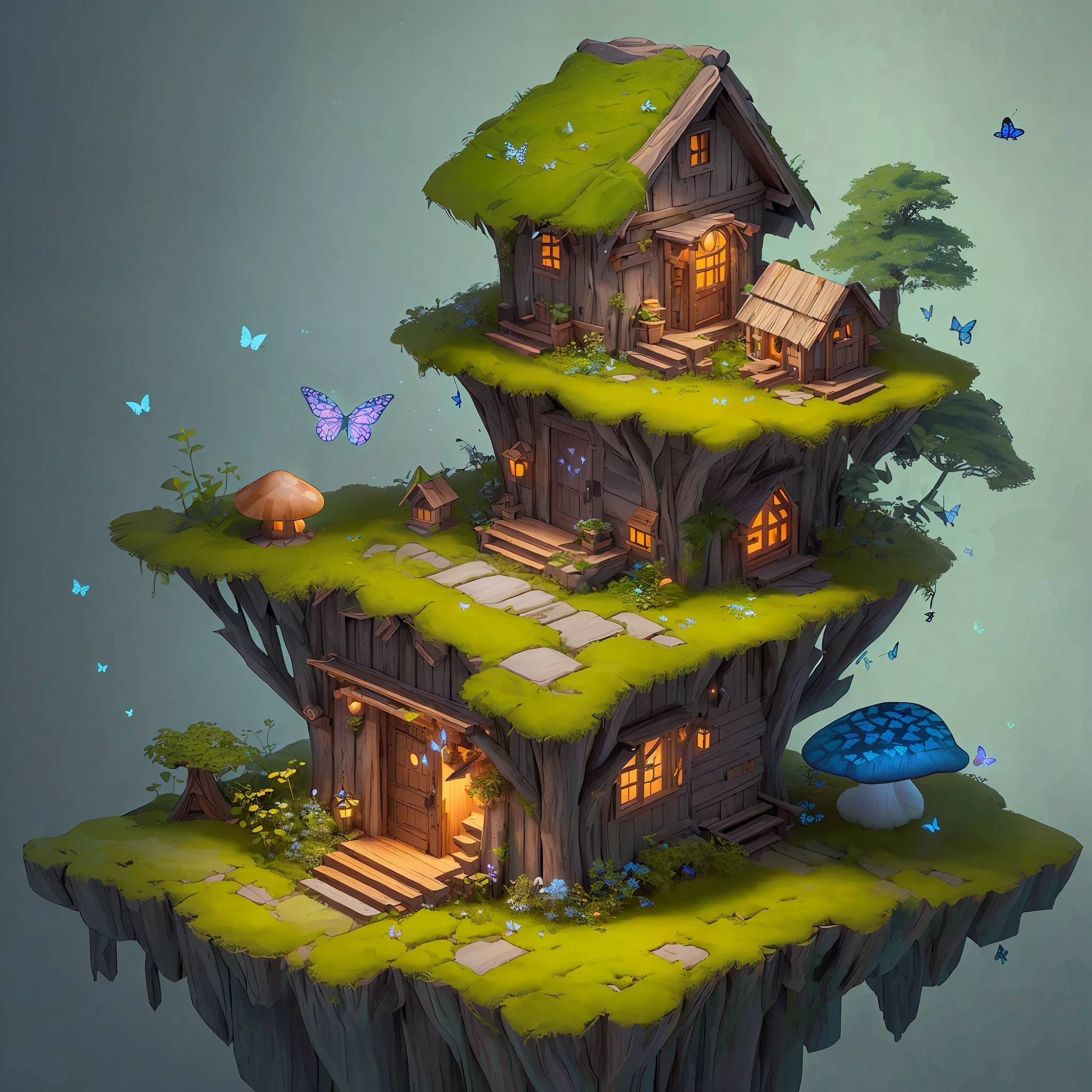 Triangle tiny building butterfly best quality, (extremely detailed CG unity 8k wallpaper), (best quality), (best illustration), (best shadow), A mushroom house covered with moss,firefly,wtarlight surrounds the room,petal, isometric 3D, octane render,ray tracing,ultra detailed,