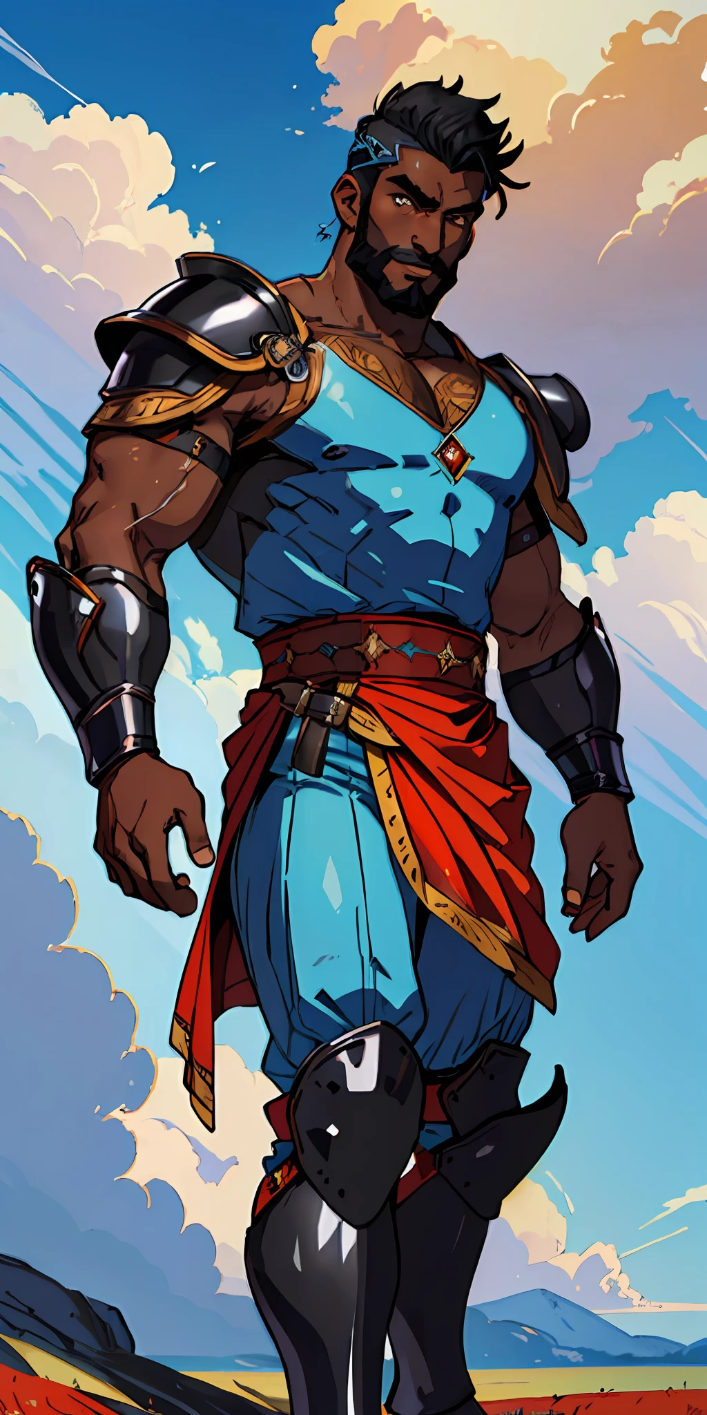 (((black skinned warrior man))), short hair shaved on the side, stylish beard, dynamic pose, wearing Victorian era armor, ((background: a sky full of clouds))