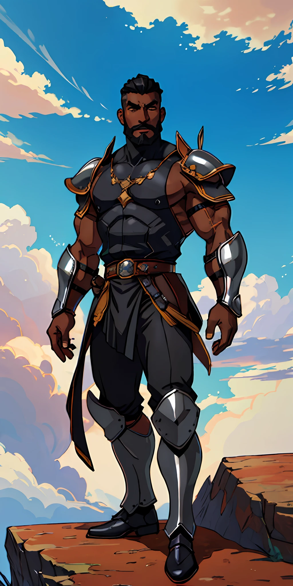 (((black skinned warrior man))), short hair shaved on the side, stylish beard, dynamic pose, wearing Victorian era armor, ((background: a sky full of clouds))