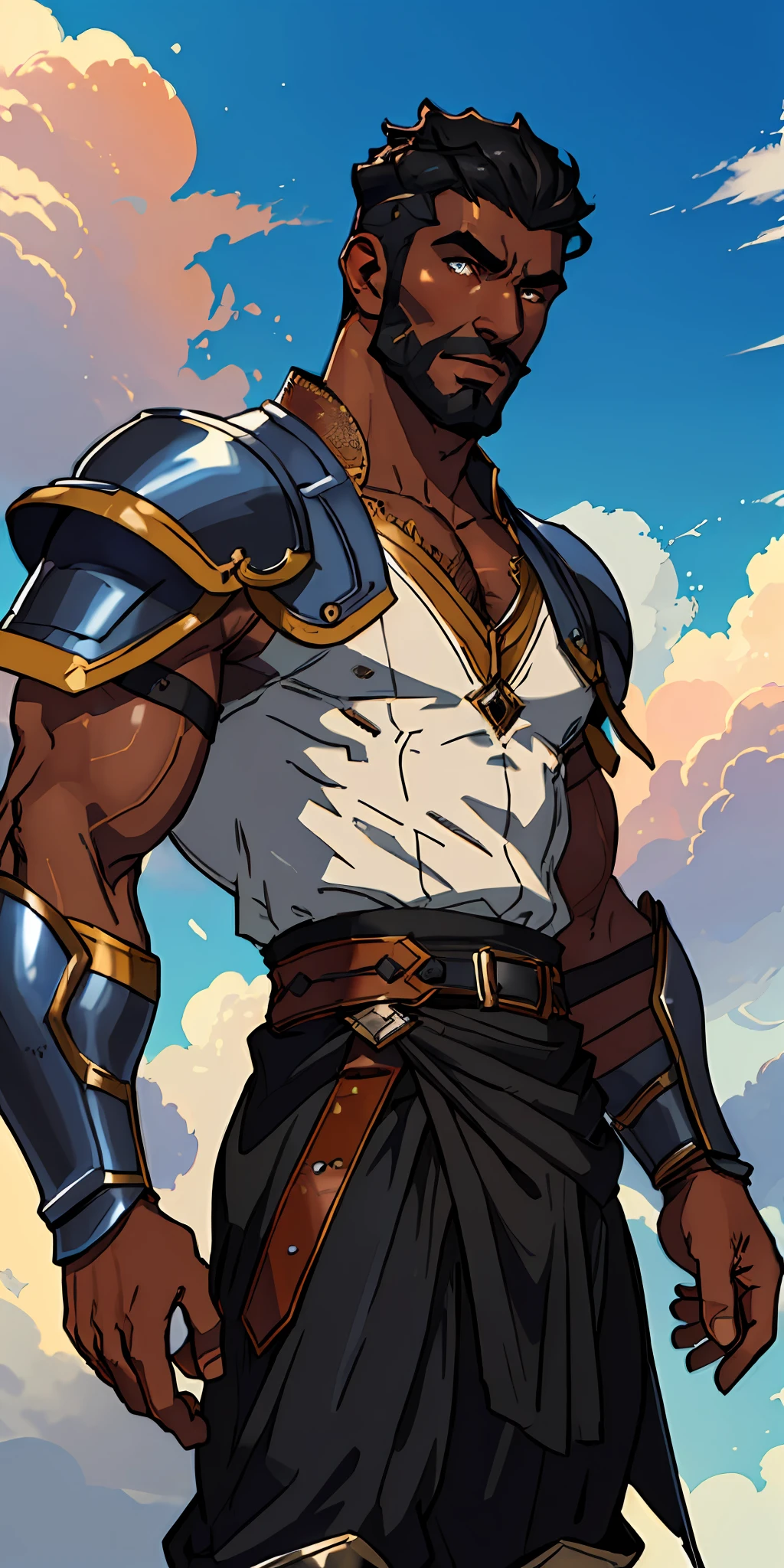 (((black skinned warrior man))), short hair shaved on the side, stylish beard, dynamic pose, wearing Victorian era armor, ((background: a sky full of clouds))