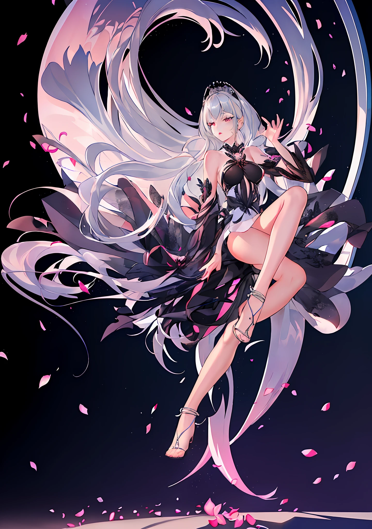 ((masterpiece), (best quality), (solo), (illustation), (highres), (extremely detailed CG wallpaper), (extremely detailed figure), dynamic angle, Amazing, extremely detailed eyes, finely detail, detailed face, (one girl), age 17, eye shadow, long (silver hair), disheveled hair, pink eyes, red lips, floor length dress, cinematic lighting, perspective, sitting on a statue, looking elsewhere, hair blow up by the wind, black background), atdan