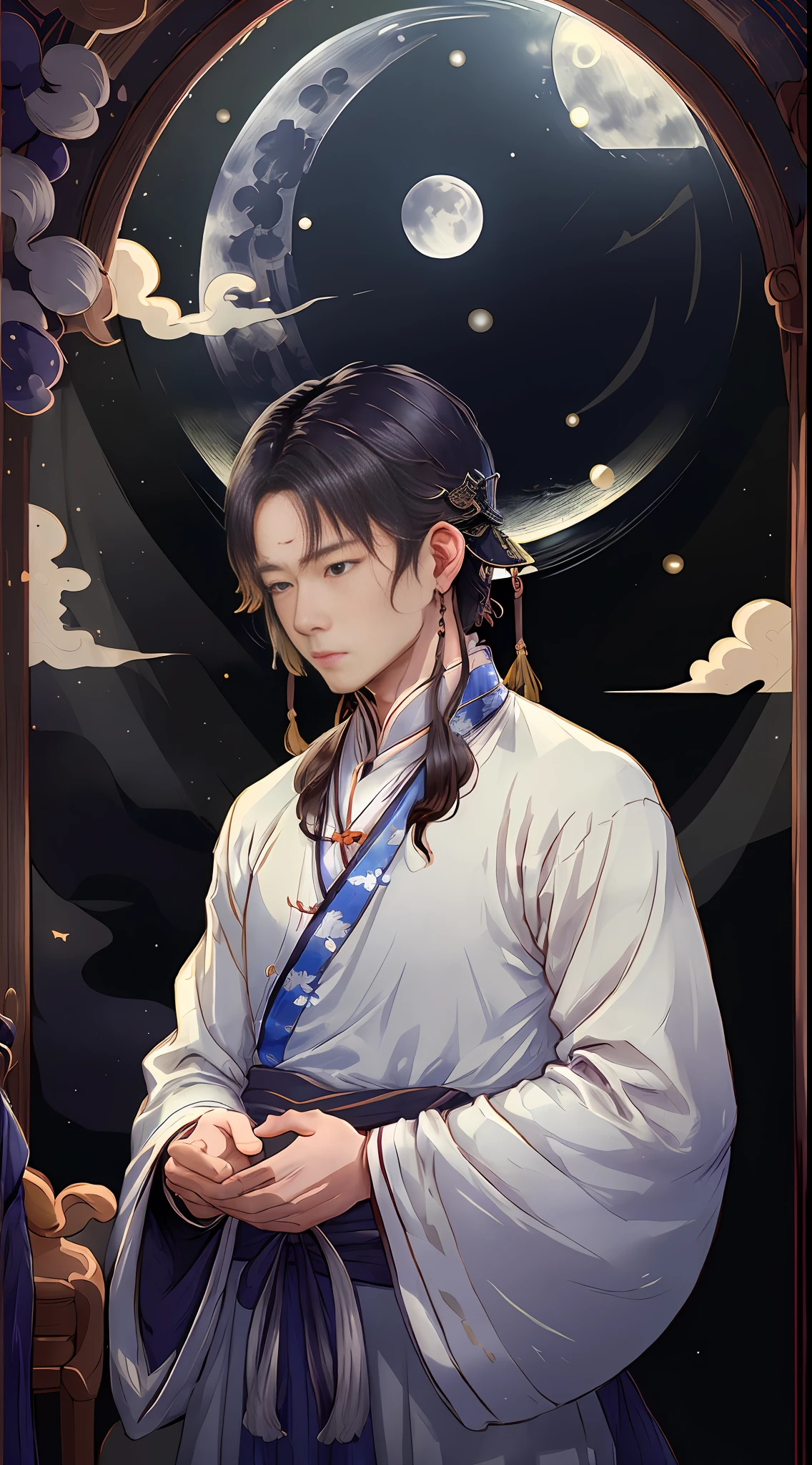 The bright moonlight shone on the window paper, and the gentleman in Hanfu raised his head to look at the bright moon in the sky outside the window, and couldn't help but look down and ponder, thinking of his hometown in the distance