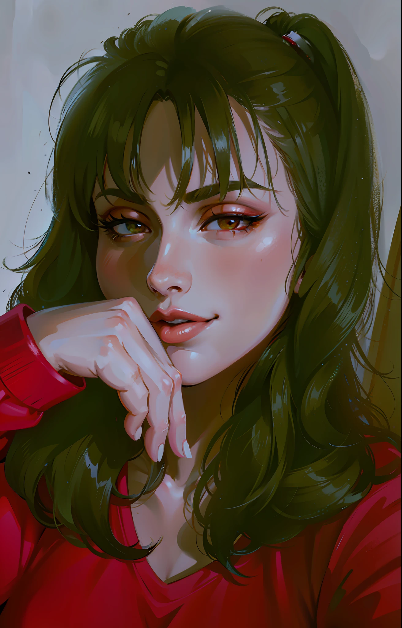 (masterpiece),(best quality:1.0), (ultra highres:1.0), detailed illustration, 8k, anime, 1girl, beautiful anime girl, wearing a red top, pretty face, detailed face, beautiful eyes, detailed eyes, dark red eyes, bright red lips, red lipstick, beautiful stylish hair, highlights in hair, bangs anime style, best quality, vibrant