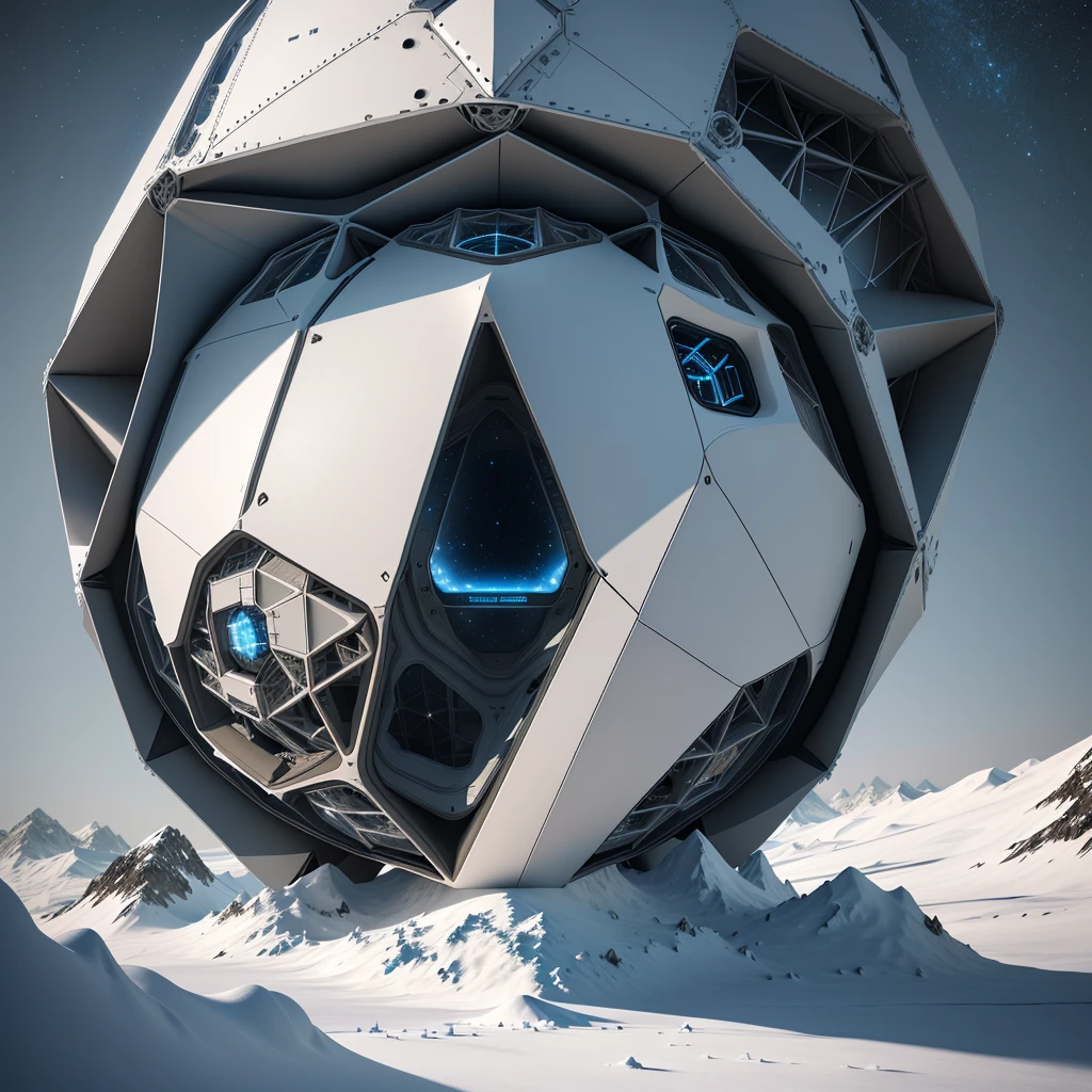 there is a large metal object in the middle of a snowy field, hexagonal planetary space base, futuristic dome, rendered in keyshot, geodesic architecture, industrial futuristic ice mine, geodesic dome, futuristic outpost building, rendered in octane render, rendered with substance designer, rendered in cinema4d, rendered in cinema 4 d, detailed futuristic architecture