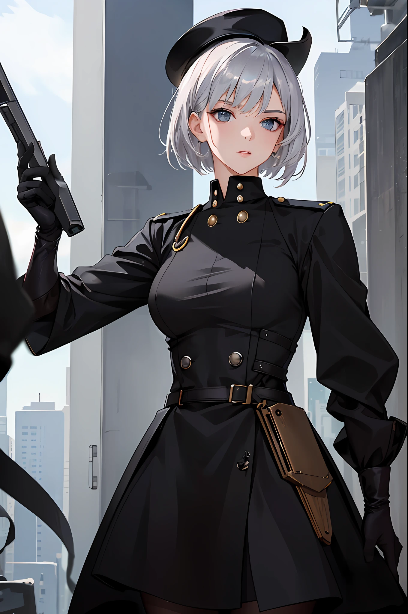 (Highest resolution, distinct_image) Top quality, woman, masterpiece, perfect beauty, high detail, frontal, upright, semi-realistic, silver mesh, short hair, silver mesh hair, bangs, 21 years old, mature, young, military uniform, courtesy attire, black uniform, black hat, first courtesy, staring at the viewer with cold eyes , low angle, escort mechanized soldier holding weapon behind