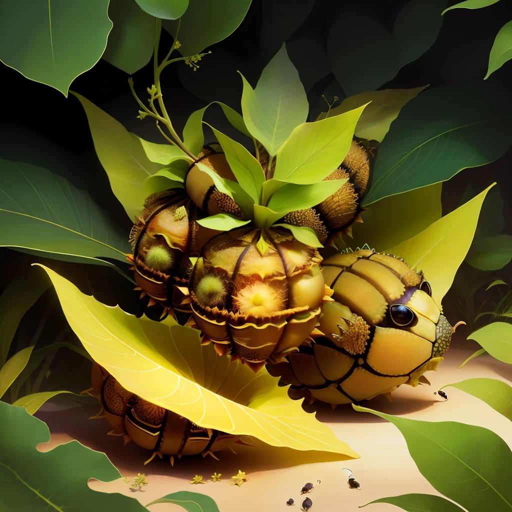 starfruits as anthills with caterpilar inside and some leaves,imagine