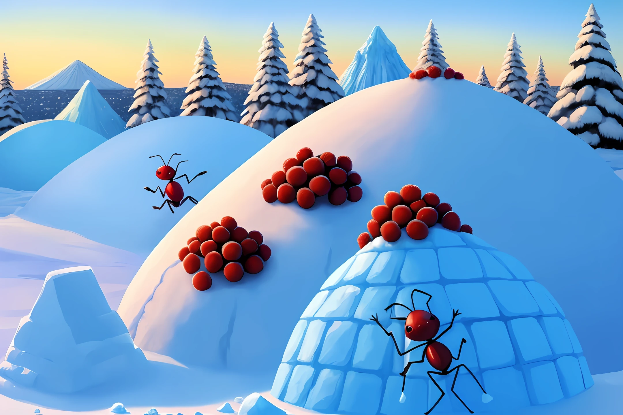 anthill, ant, 3D, ice, igloo, island, snow, smoke, berry, sky, warrior, cartoon