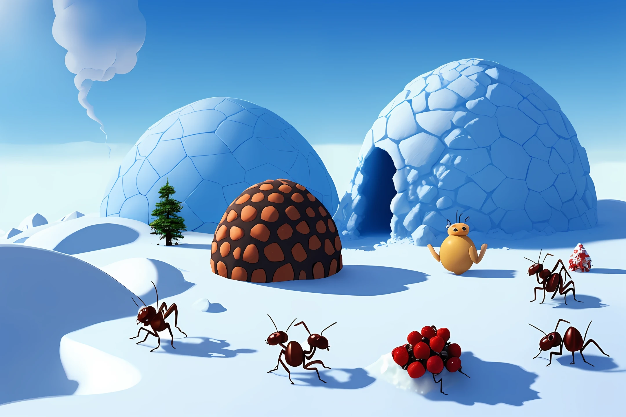 anthill, ant, 3D, ice, igloo, island, snow, smoke, berry, sky, warrior, cartoon