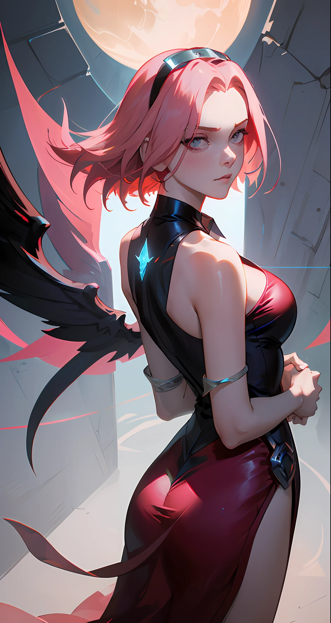 Queen of angels, beautiful woman, seductive, ((forehead the show)), standing, with wings protruding from her back, sexy eyes, red dress, forehead to show, queen, pink hair, delicate, young, short hair, full body, from League of Legends, trend in artstation, by rhads, andreas rocha, rossdraws, makoto shinkai, laurie greasley, lois van baarle, ilya kuvshinov and greg rutkowski