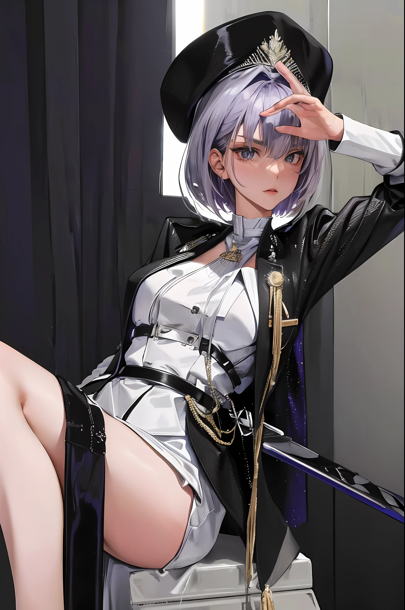 (Maximum resolution, distinct_image) Top quality, woman, masterpiece, perfect beauty, high detail, straight ahead, upright, semi-realistic, silver mesh, short hair, silver-purple mesh hair, bangs, 21 years old, mature, young, military uniform, courtesy, black uniform, black hat, first courtesy, staring at the viewer with cold eyes , low angle, escort mechanized soldier behind holds weapon
