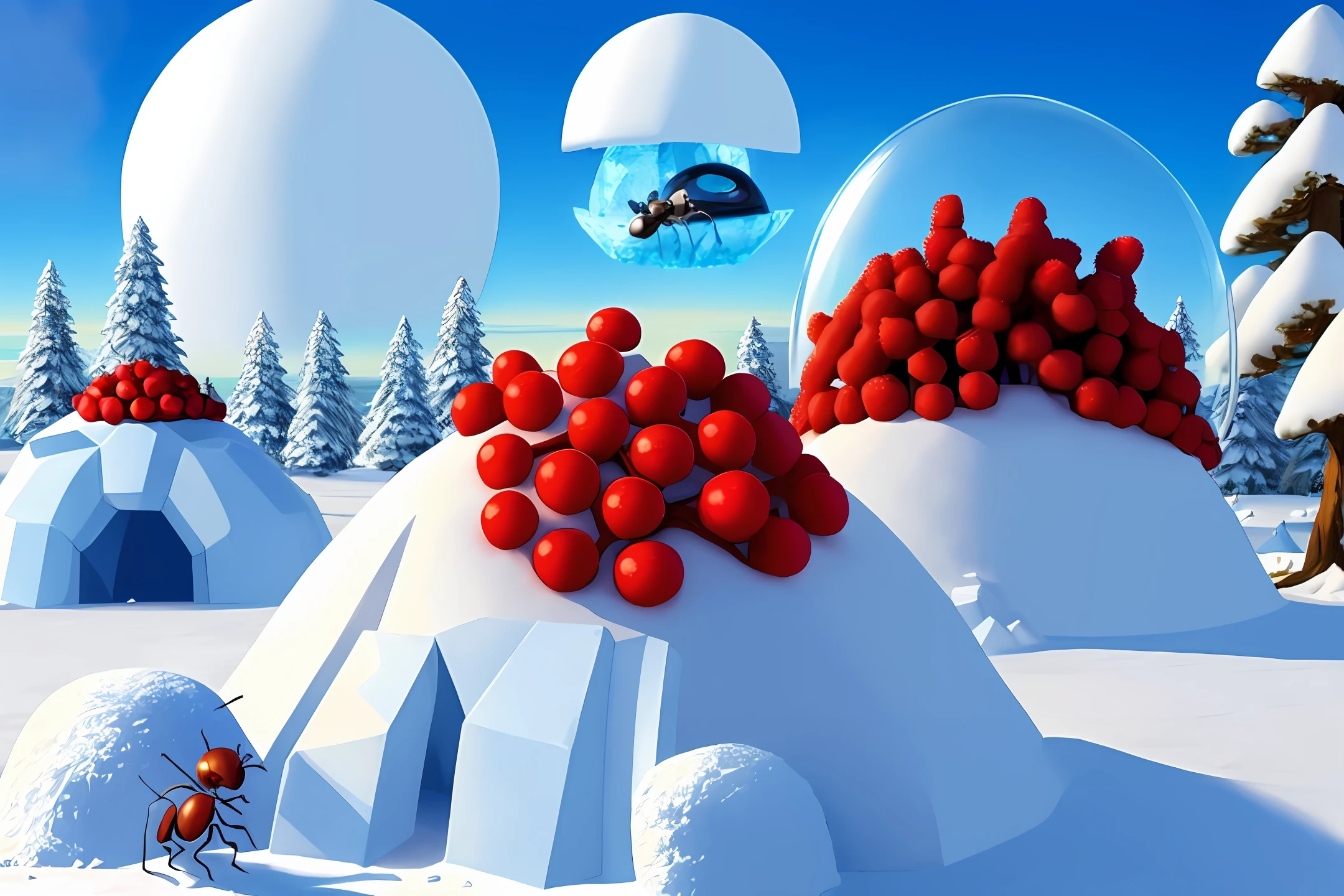 anthill, ant, 3D, ice, igloo, island, snow, smoke, berry, sky, warrior, cartoon