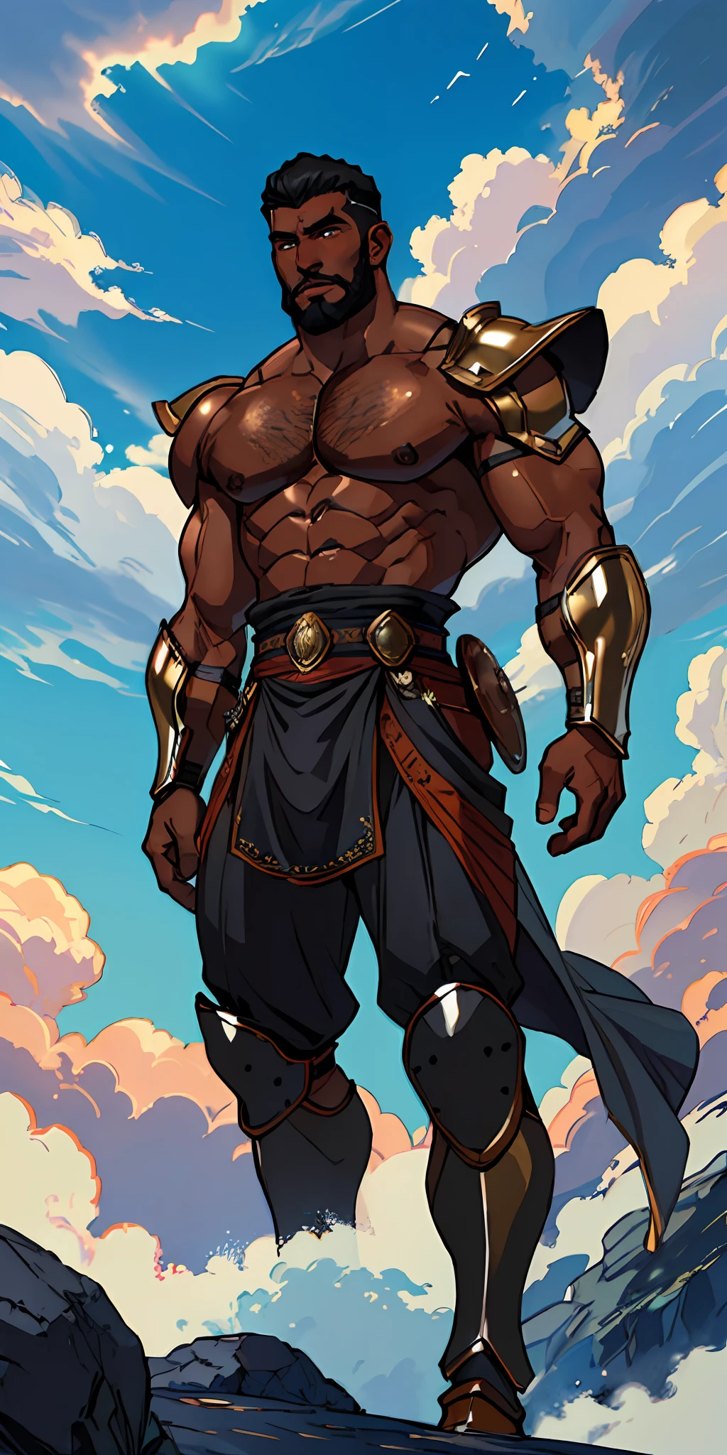 (((black skinned warrior man))), short hair shaved on the side, stylish beard, super strong, muscular, dynamic pose, wearing Victorian era armor, ((background: a sky full of clouds))
