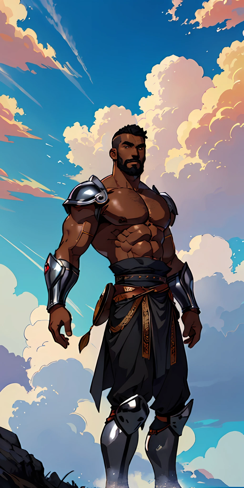 (((black skinned warrior man))), short hair shaved on the side, stylish beard, super strong, muscular, dynamic pose, wearing Victorian era armor, ((background: a sky full of clouds))